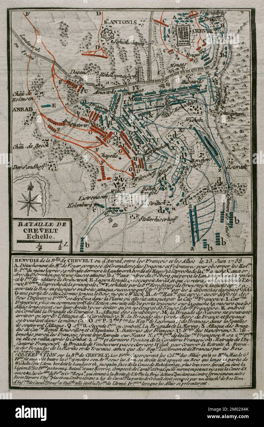 Guerre de sept ans (1756-1763). Plan de la bataille de Krefeld (23 juin 1758). Confrontation entre les troupes prussiennes-hanoennes, commandées par Ferdinand de Brunswick-Lunebourg, et les forces françaises dirigées par Louis de Bourbon-Conde, comte de Clermont. Gravure publiée en 1765 par le cartographe Jean de Beaurain (1696-1771) comme illustration de sa Grande carte d'Allemagne, avec les événements qui ont eu lieu pendant la guerre des sept ans. Armée alliée en rouge et armée française en bleu. Édition française, 1765. Bibliothèque historique militaire de Barcelone (Biblioteca Histórico Militar de Barcelone). CATA Banque D'Images