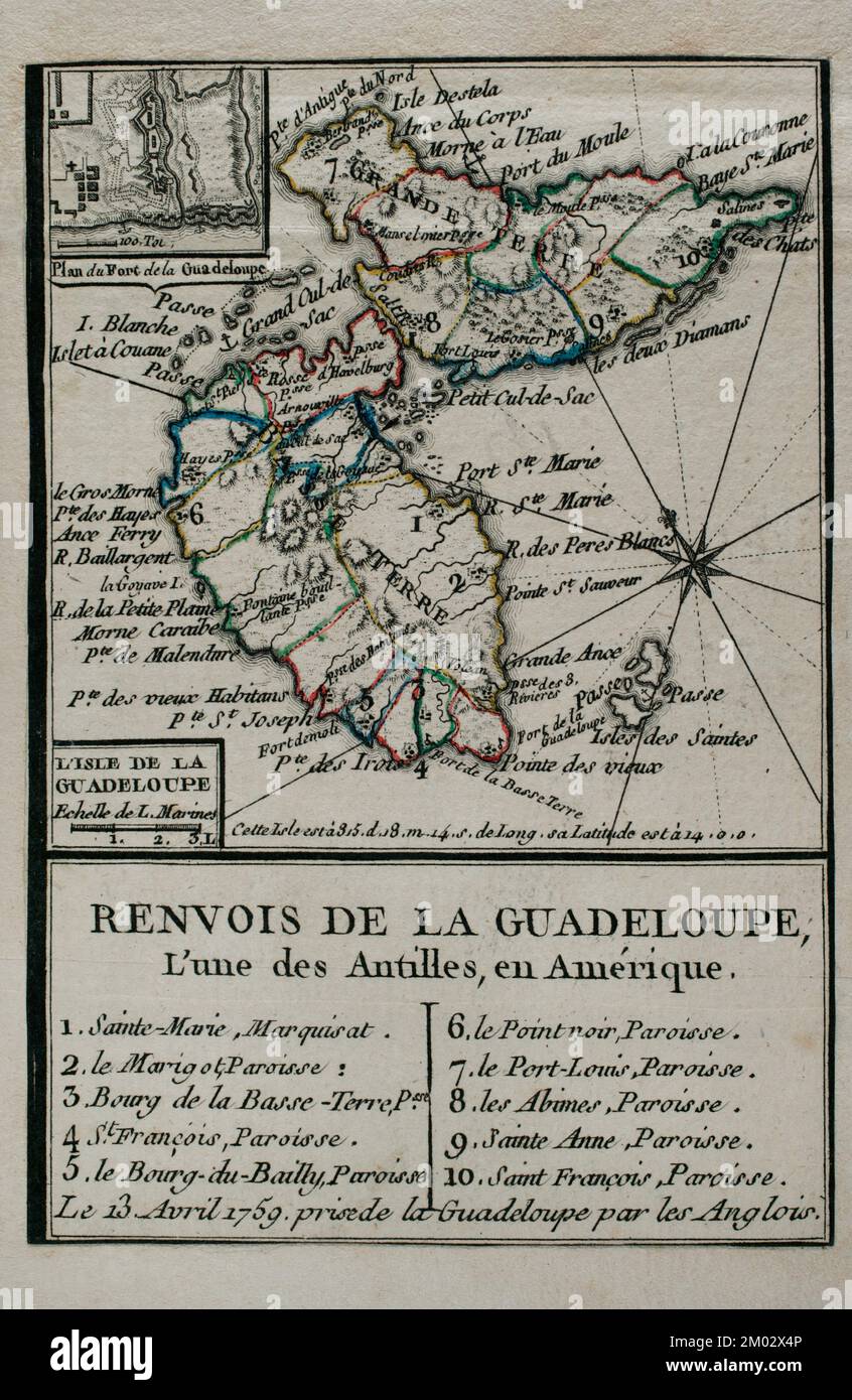 Carte de la Guadeloupe, 1759. Archipel des Antilles, Mer des Caraïbes. La France a pris possession de l'île le 28 juin 1635, après l'atterrissage à Pointe Allegre. Pendant la guerre de sept ans, a été conquise par l'Angleterre, créant le port de Pointe-a-Pitre. Prise de l'île de la Guadeloupe par les troupes britanniques sur 13 avril 1759. Gravure publiée en 1765 par le cartographe Jean de Beaurain (1696-1771) comme illustration de sa Grande carte d'Allemagne, avec les événements qui ont eu lieu pendant la guerre de sept ans. Édition française, 1765. Bibliothèque historique militaire de Barcelone (Biblioteca Histórico Militar de Bar Banque D'Images