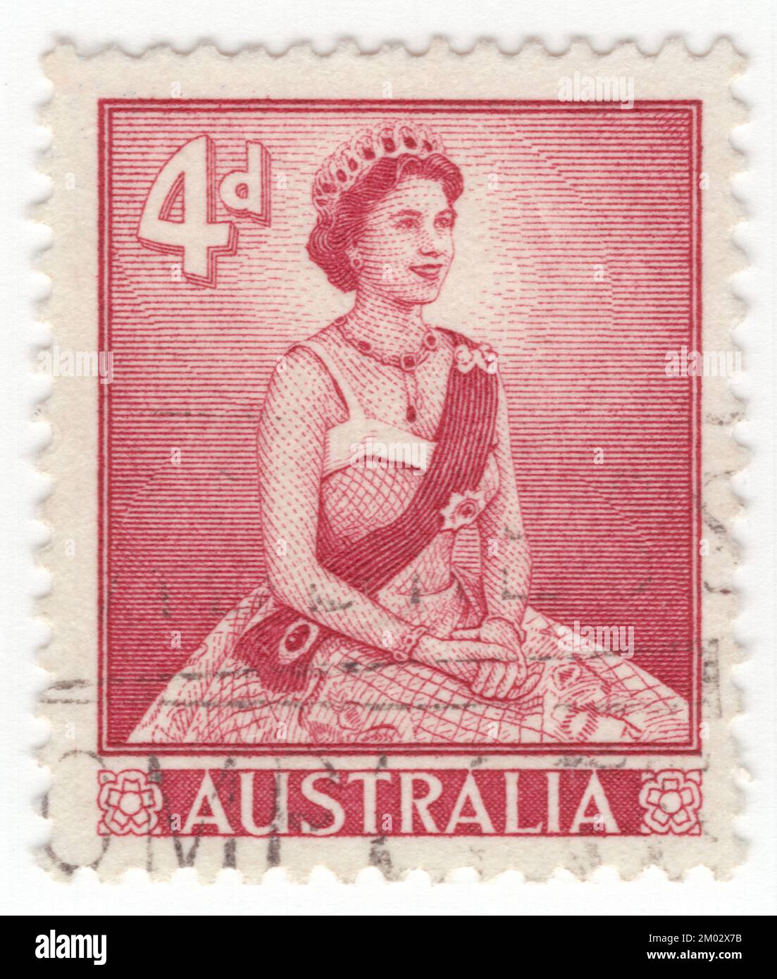 AUSTRALIE — 1959 20 mai : timbre-poste vert bleuâtre de 3 pence représentant des portraits de la reine Elizabeth II, monarque dominant de l'Australie. Elizabeth II a été la première monarque en titre de l'Australie à mettre le pied sur le sol australien, arrivant à terre à Farm Cove, Sydney, le 3 février 1954. Elle a entrepris un voyage à travers le territoire de la capitale australienne, la Nouvelle-Galles du Sud, la Tasmanie, Victoria, Queensland, Australie méridionale et Australie occidentale, y compris l'accueil de 70 000 ex-militaires au Melbourne Cricket Ground et l'ouverture du Parlement australien à Canberra Banque D'Images