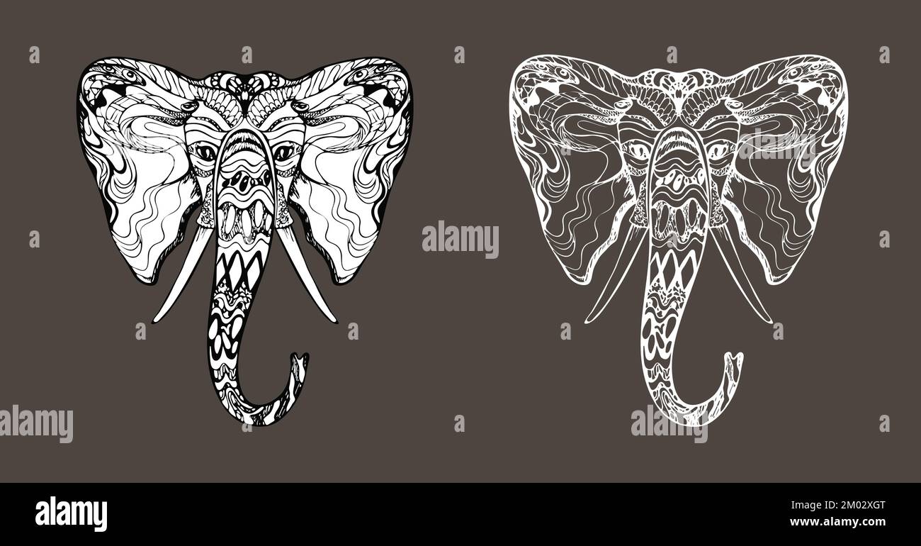 Élégant tattoo hippie zentangle orné tête d'éléphant, Gane Illustration de Vecteur