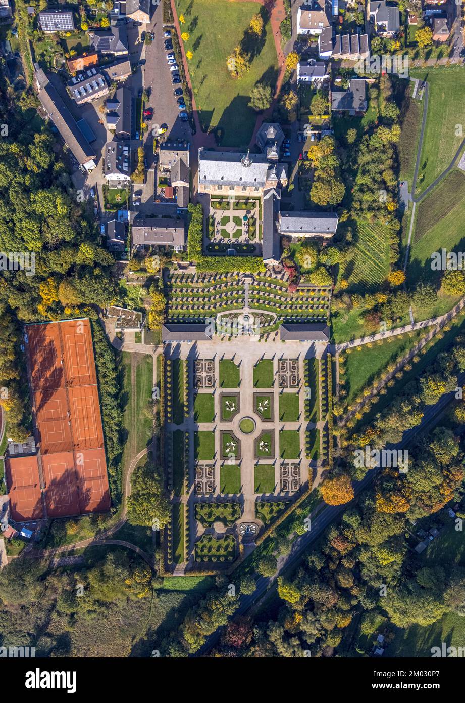 Luftbild, Kloster Kamp, kath. Abteikirche, Klostergarten, Terrassengarten, Kamperbrück, Kamp-Lintfort, Niederrhein, Ruhrgebiet, Nordrhein-Westfalen, D. Banque D'Images