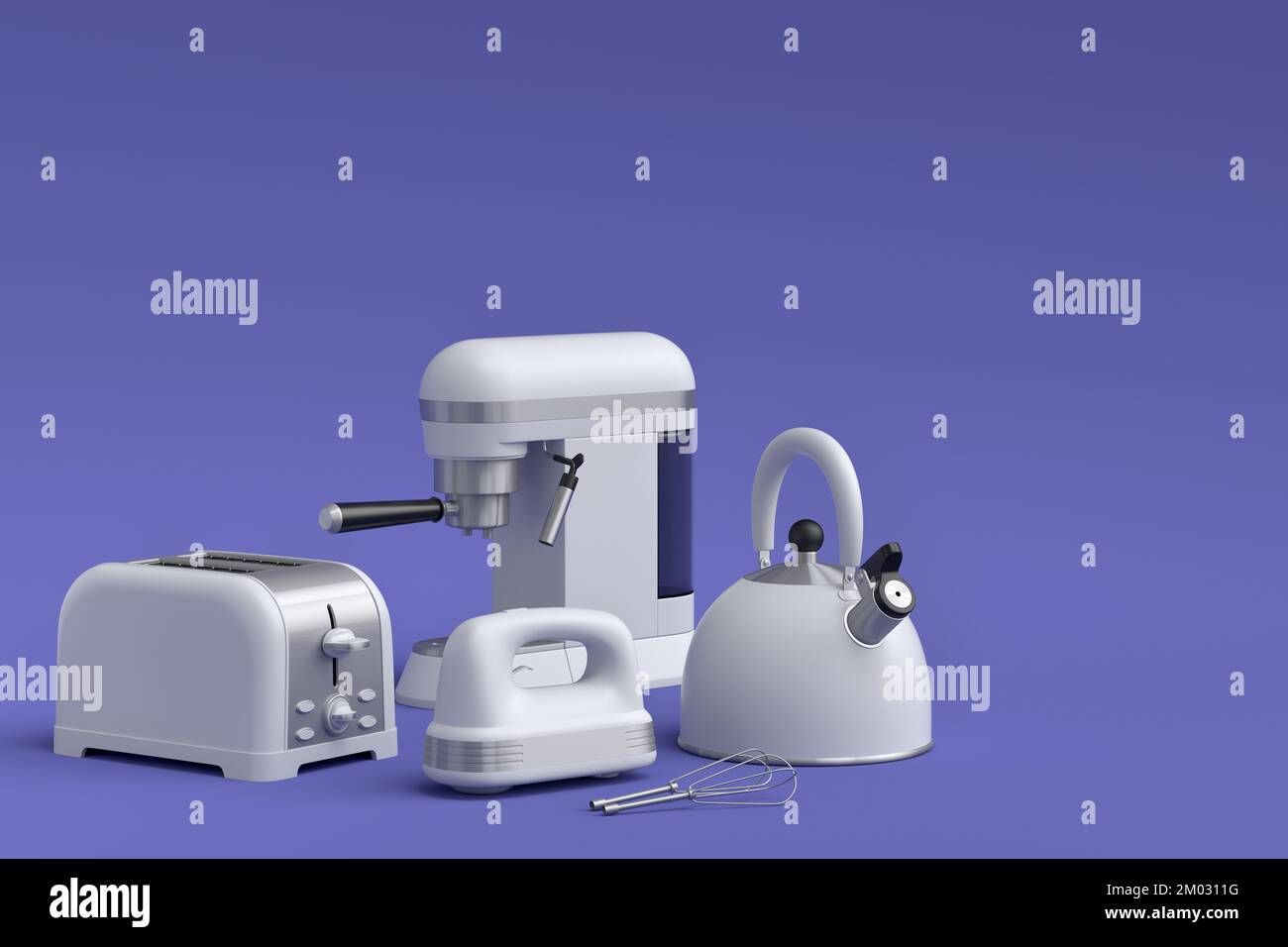 Machine à café expresso, mixeur plongeant, bouilloire et grille-pain pour préparer le petit déjeuner sur fond violet. 3d rendu de la cafetière pour préparer du café latte Banque D'Images