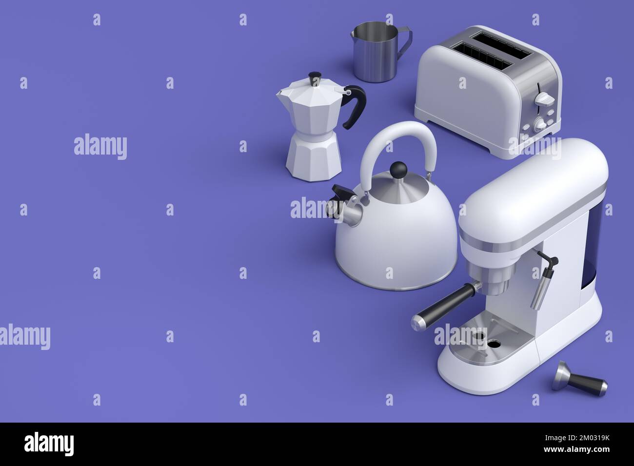 Bouilloire, grille-pain, machine à café à corne et geyser machine à café sur fond violet. 3d appareils de cuisine de rendu faisant le petit déjeuner avec le café latte Banque D'Images