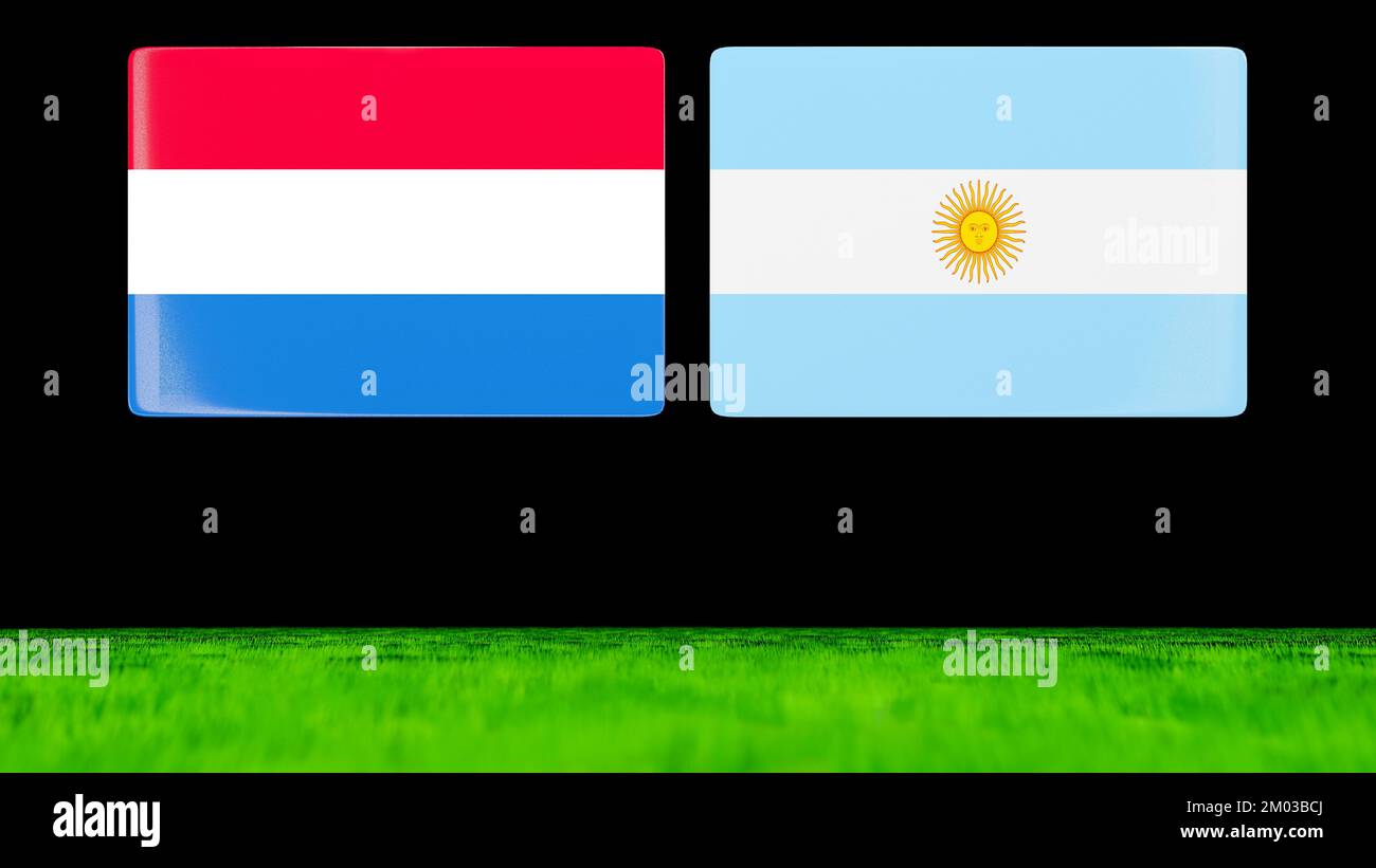 Drapeaux nationaux des pays-Bas ou des pays-Bas et de l'Argentine comme des cartes brillantes flottant sur un champ vert. 3D rendu. Banque D'Images
