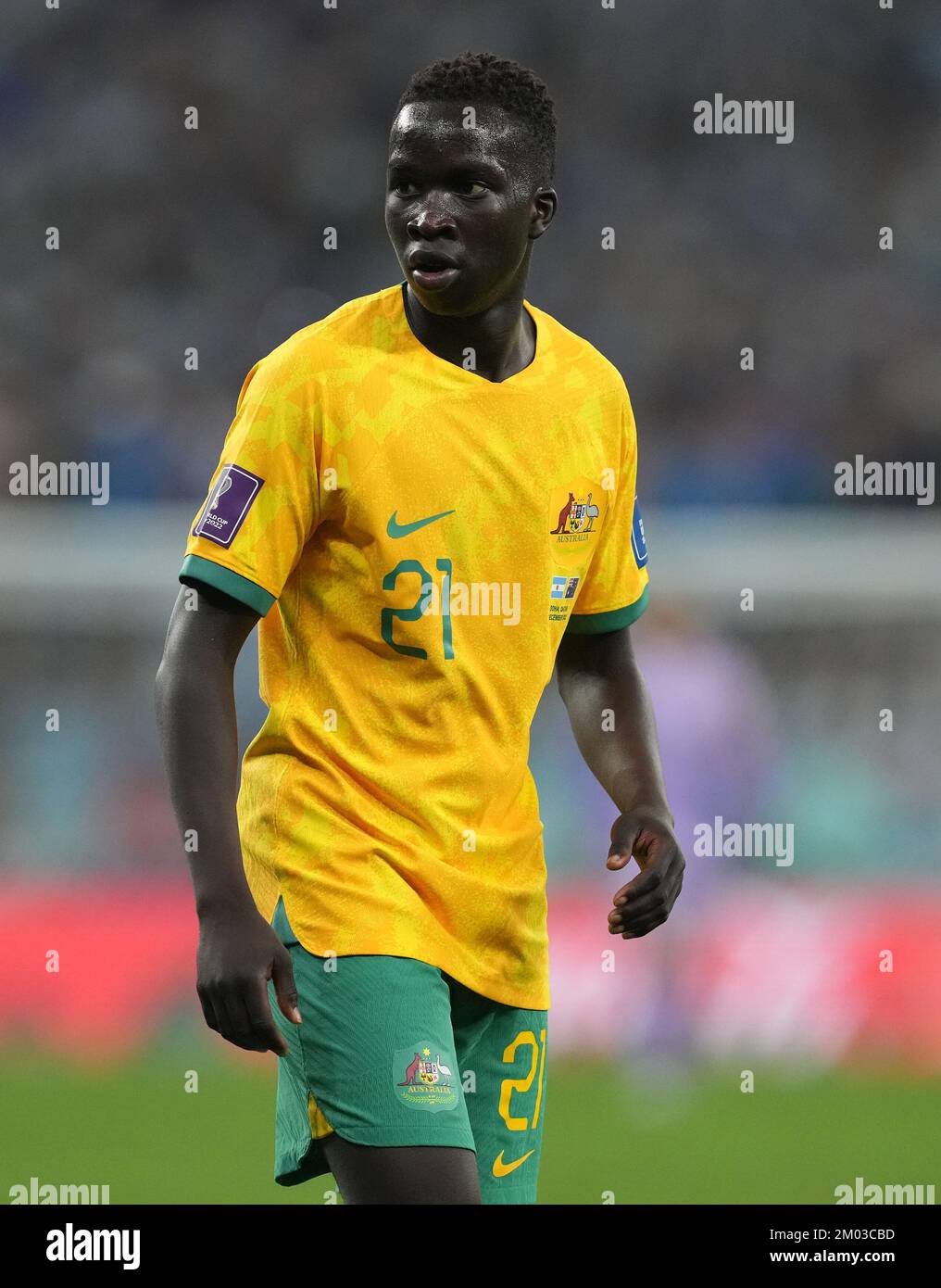 Garang Kuol d'Australie lors du match de la coupe du monde de la FIFA de 16 au stade Ahmad Bin Ali à Al Rayyan, Qatar. Date de la photo: Samedi 3 décembre 2022. Banque D'Images