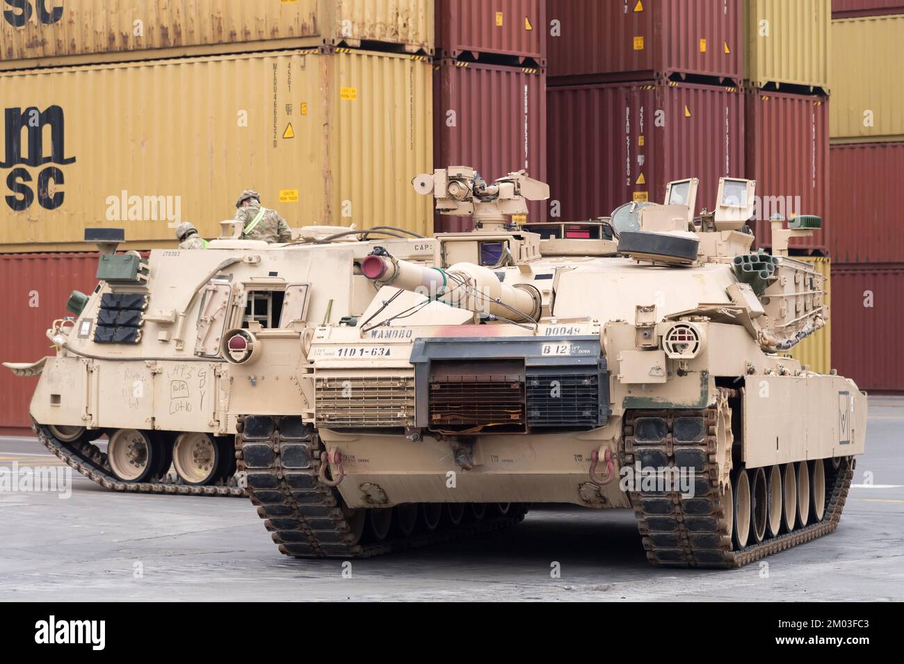 Gdynia, Pologne. 3rd décembre 2022. Arrivée de l'armée américaine 2nd Brigade blindée équipe de combat, 1st Division d'infanterie équipement militaire en théâtre comme support Atlantic Resolve © Wojciech Strozyk / Alay Live News Banque D'Images