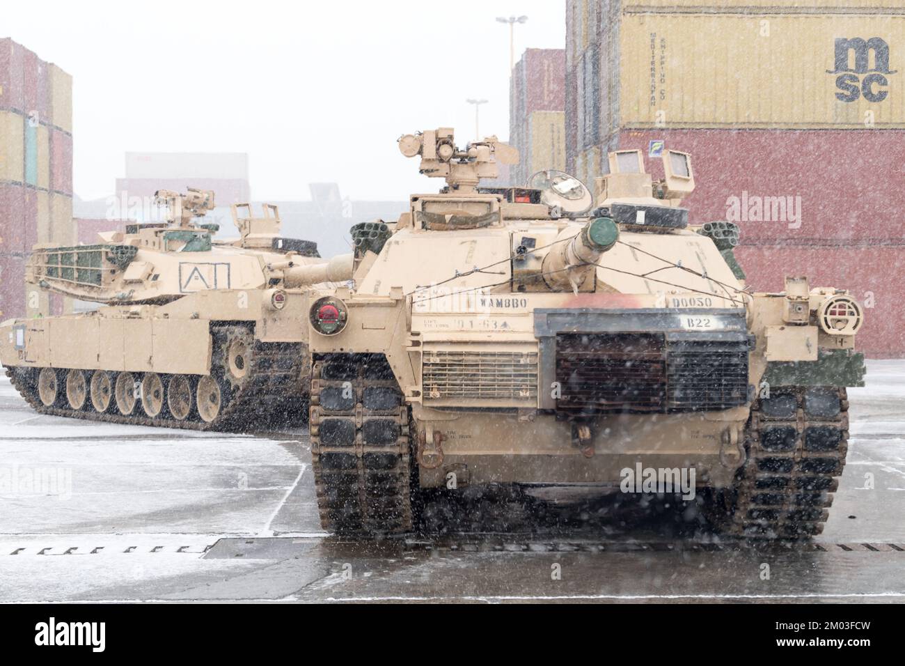 Gdynia, Pologne. 3rd décembre 2022. Arrivée de l'armée américaine 2nd Brigade blindée équipe de combat, 1st Division d'infanterie équipement militaire en théâtre comme support Atlantic Resolve © Wojciech Strozyk / Alay Live News Banque D'Images