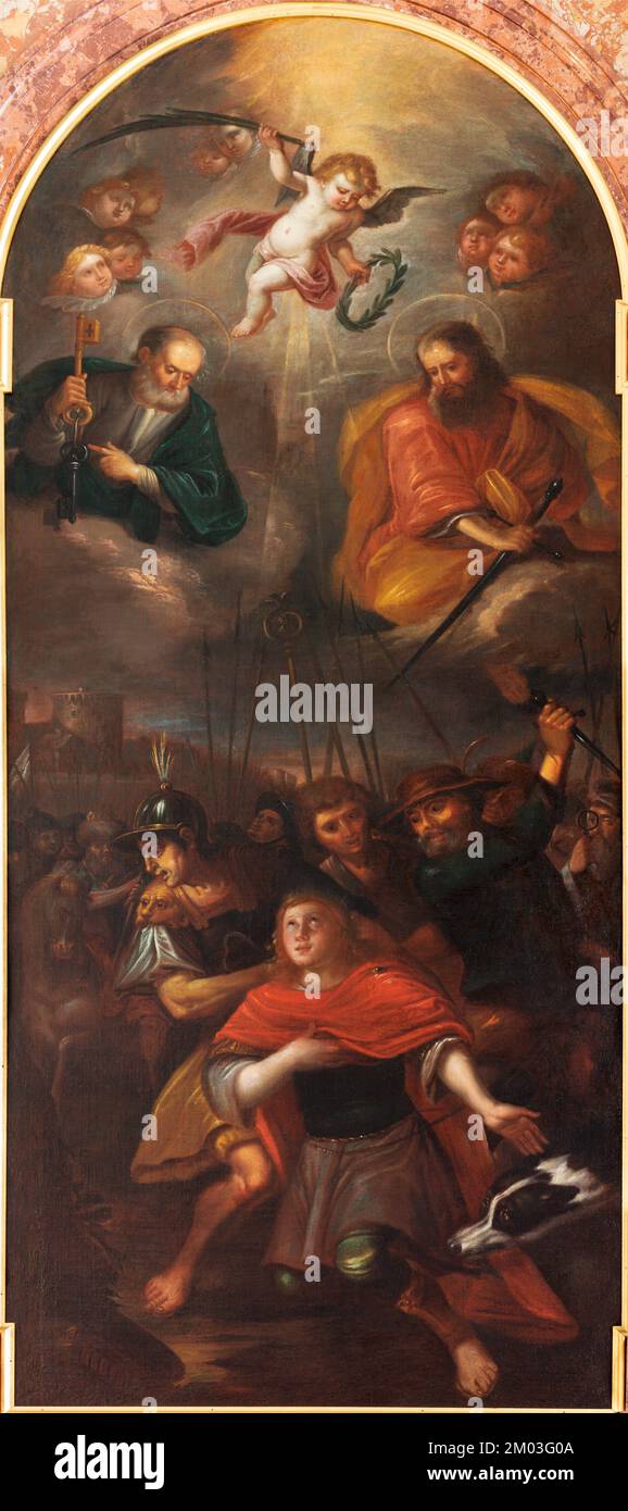 LUCERNE, SUISSE - JUNY 24, 2022: La peinture de Saint Pierre et Paul avec la rue Silvanus dans l'église Jesuitenkirche de 17. cent. Banque D'Images