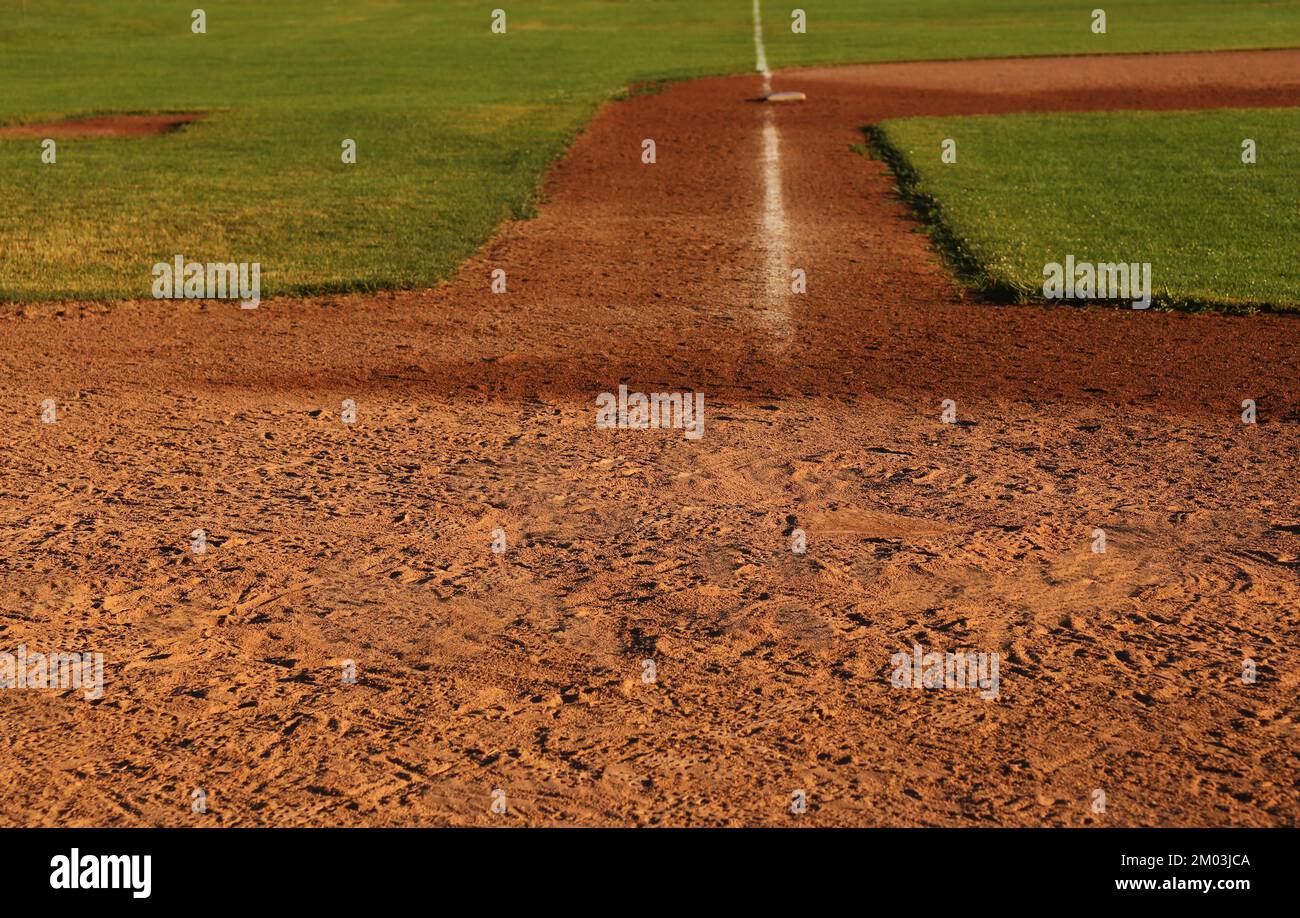 Une vue sur la troisième ligne de base d'un diamant de baseball. Banque D'Images