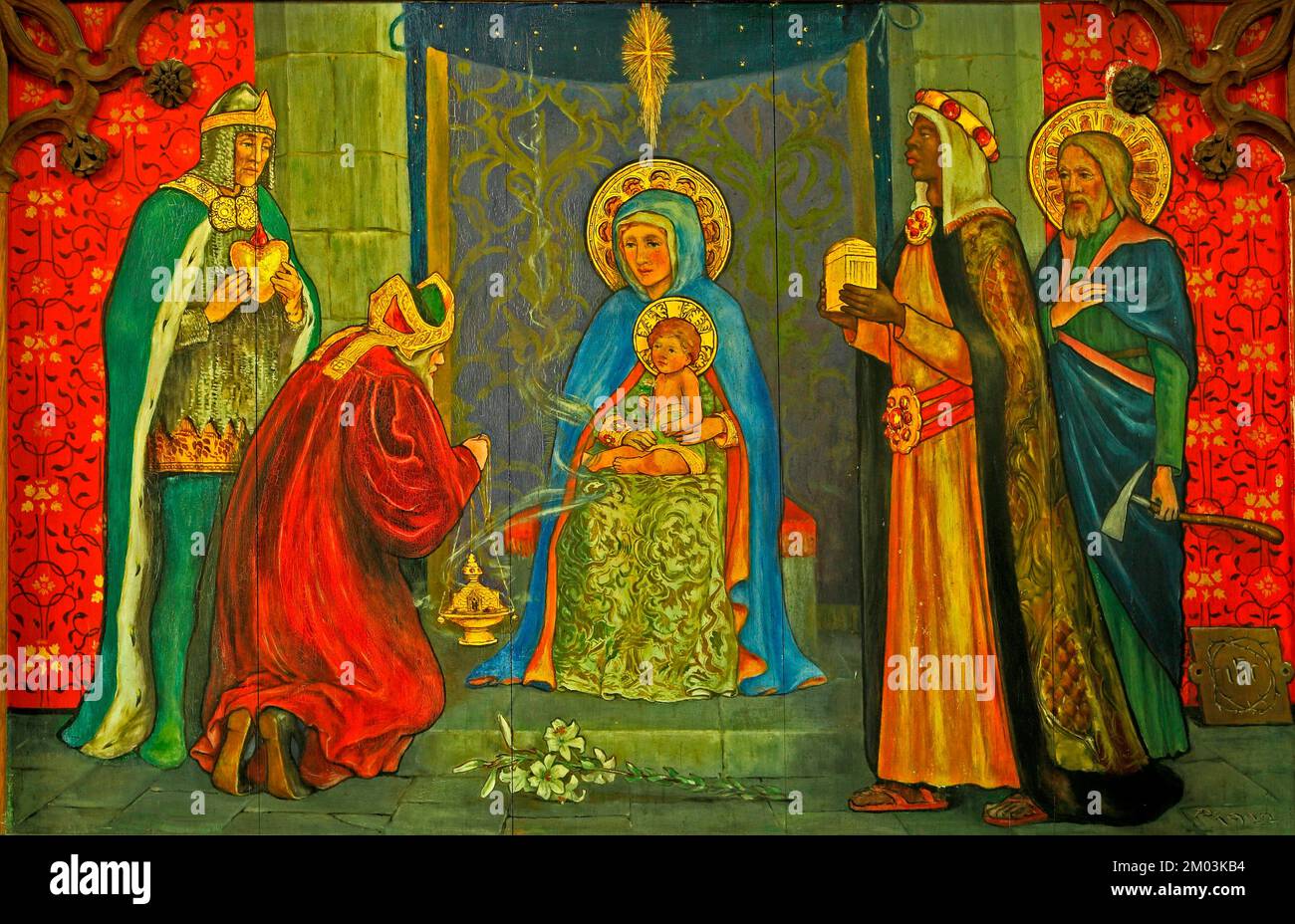 The Magi, en présentant des cadeaux à Jésus, peinture sur bois, Langham, Norfolk, Angleterre, ROYAUME-UNI Banque D'Images