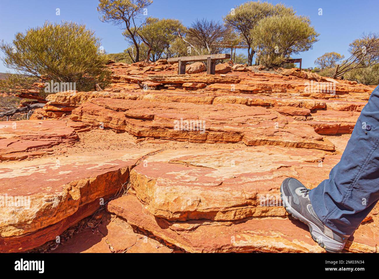 Pied de randonneur sur le grès de la nature Window Trail du parc national de Kalbarri en Australie occidentale, Australie. Banque D'Images