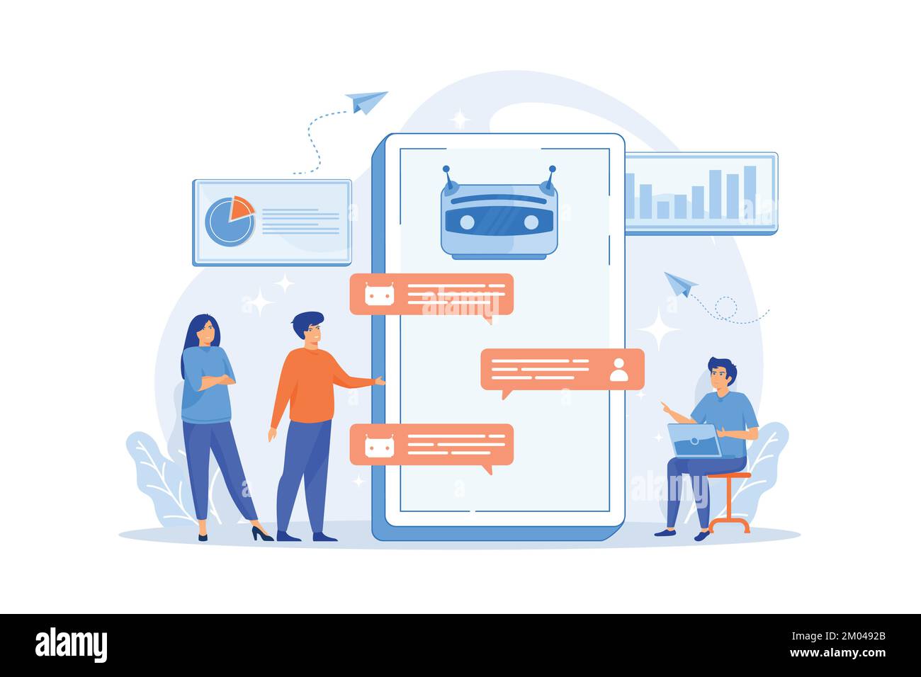Les clients discutent avec le dialogue en ligne sur l'écran du smartphone avec des bulles vocales. Client service chat, e-commerce chat, concept d'expérience en libre-service. f Illustration de Vecteur