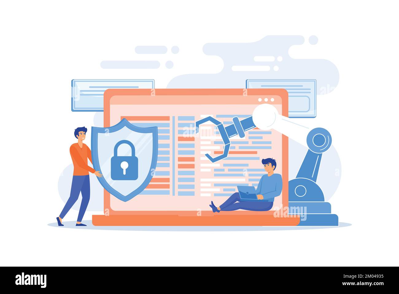 Développeurs, robot travaille à l'ordinateur portable avec loupe. Cybersécurité industrielle, robotique industrielle malware, protection du concept de robotique industrielle. f Illustration de Vecteur