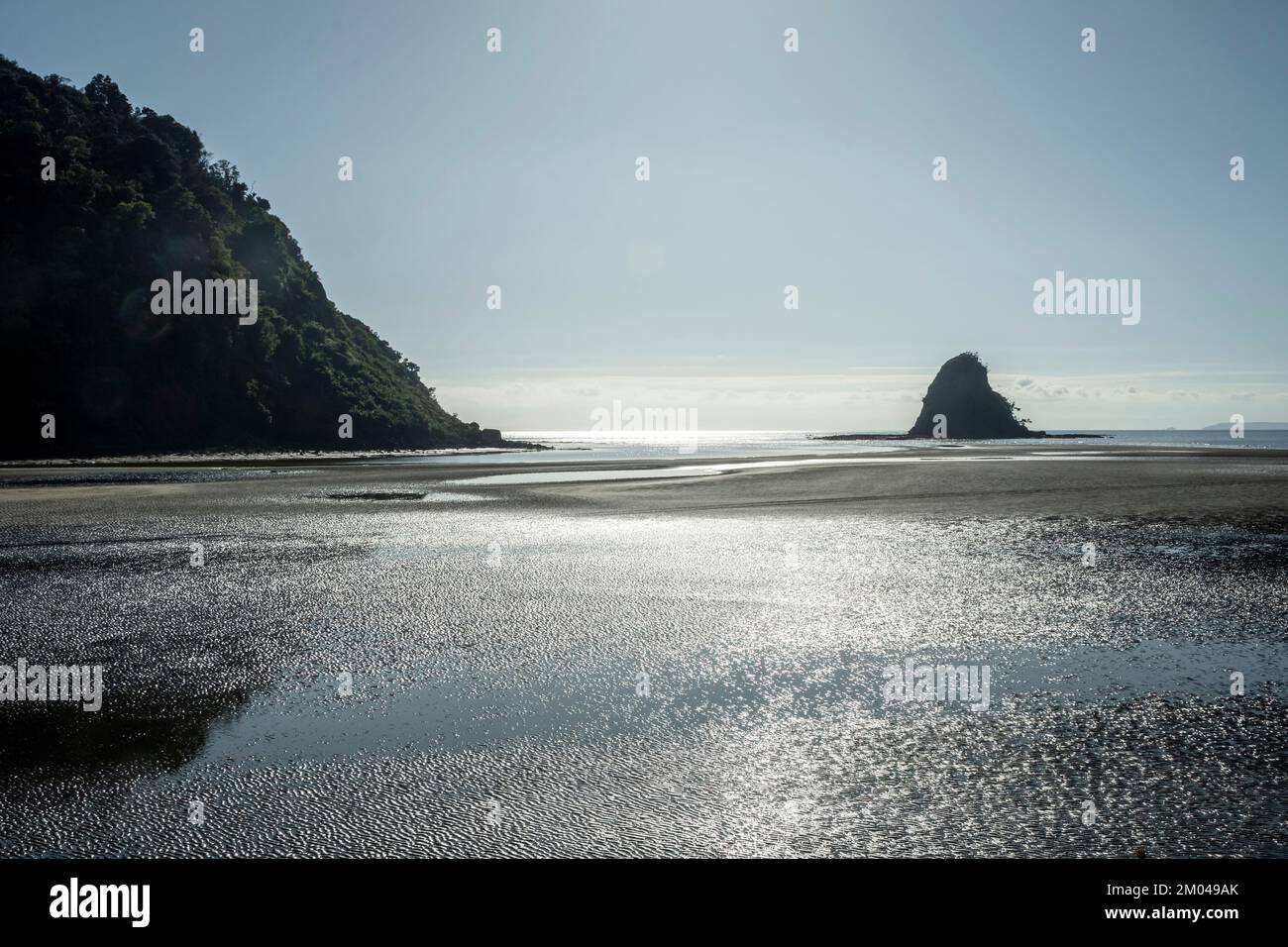 WAIWera Beach et île, ou rockstack, Orewa, Auckland, Île du Nord, Nouvelle-Zélande Banque D'Images