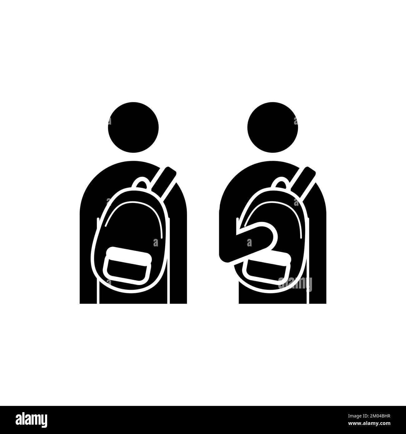 Personnage homme porte sac à dos sur le jeu d'icônes sur le devant. Pictogramme du musée attention. Gardez votre sac sur le devant du symbole. Illustration de Vecteur