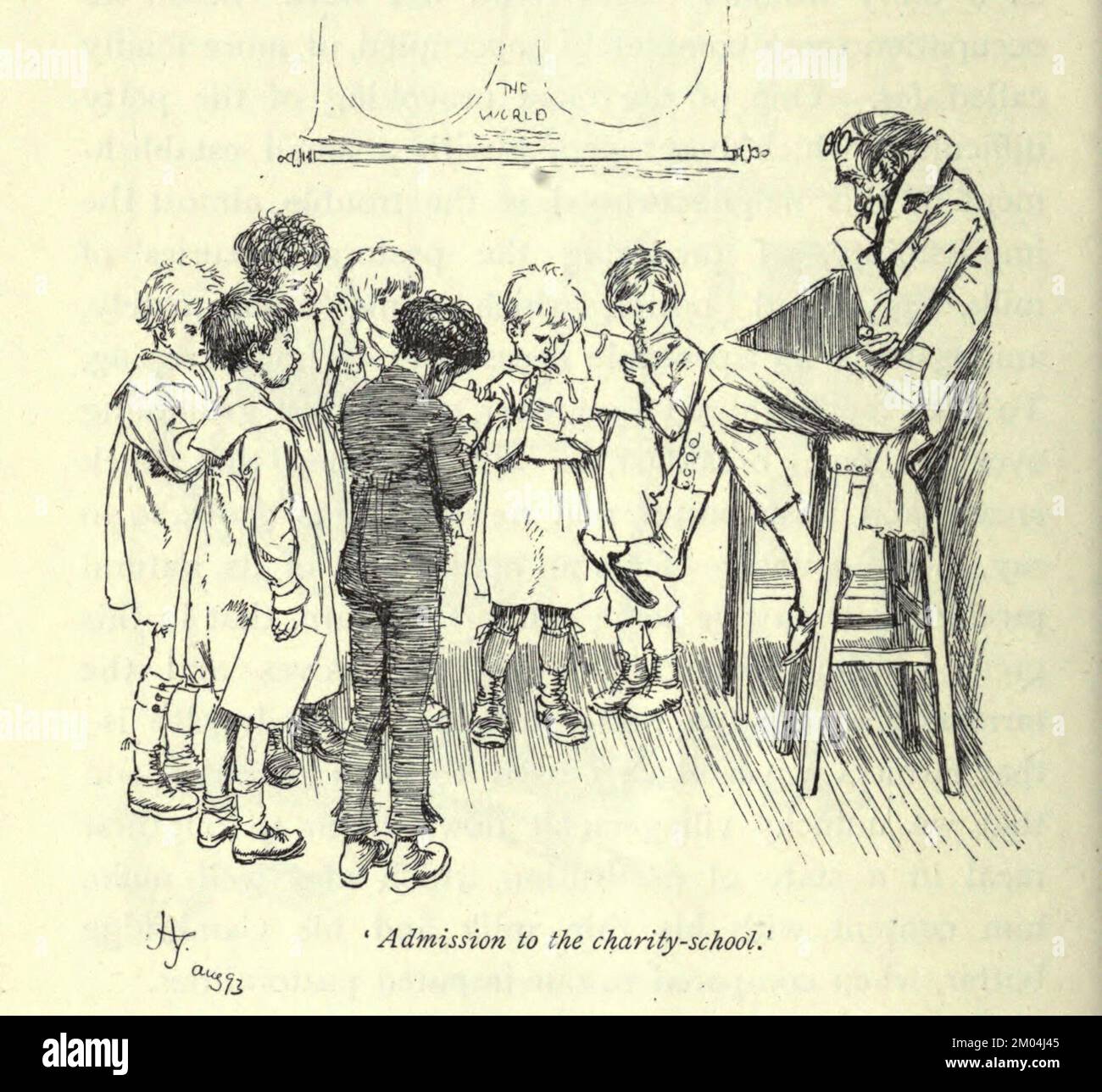 L'admission à l'école de charité illustrée par Hugh Thomson pour notre village est une collection d'environ 100 croquis littéraires de la vie rurale écrits par Mary Russell Mitford (1787-1855), et publiés à l'origine au cours des années 1820s et 1830s. La série est apparue pour la première fois dans le Lady's Magazine. Le titre complet est: Notre village: Croquis de caractère rural et de paysage. La série VIVID était basée sur la vie dans Three Mile Cross, un hameau de la paroisse de Shinfield (sud-est de Reading dans le Berkshire), où elle vivait. Publié par Macmillan il 1893 Banque D'Images