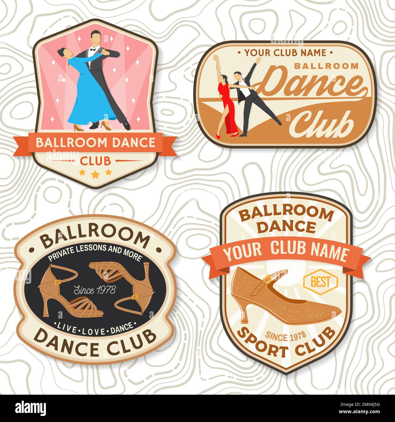 Écusson, logo et logo du club de sport de danse de la salle de bal. Concept pour chemise ou logo, imprimé, timbre ou tee-shirt. Autocollant de sport de danse avec homme et femme, chaussures pour Illustration de Vecteur