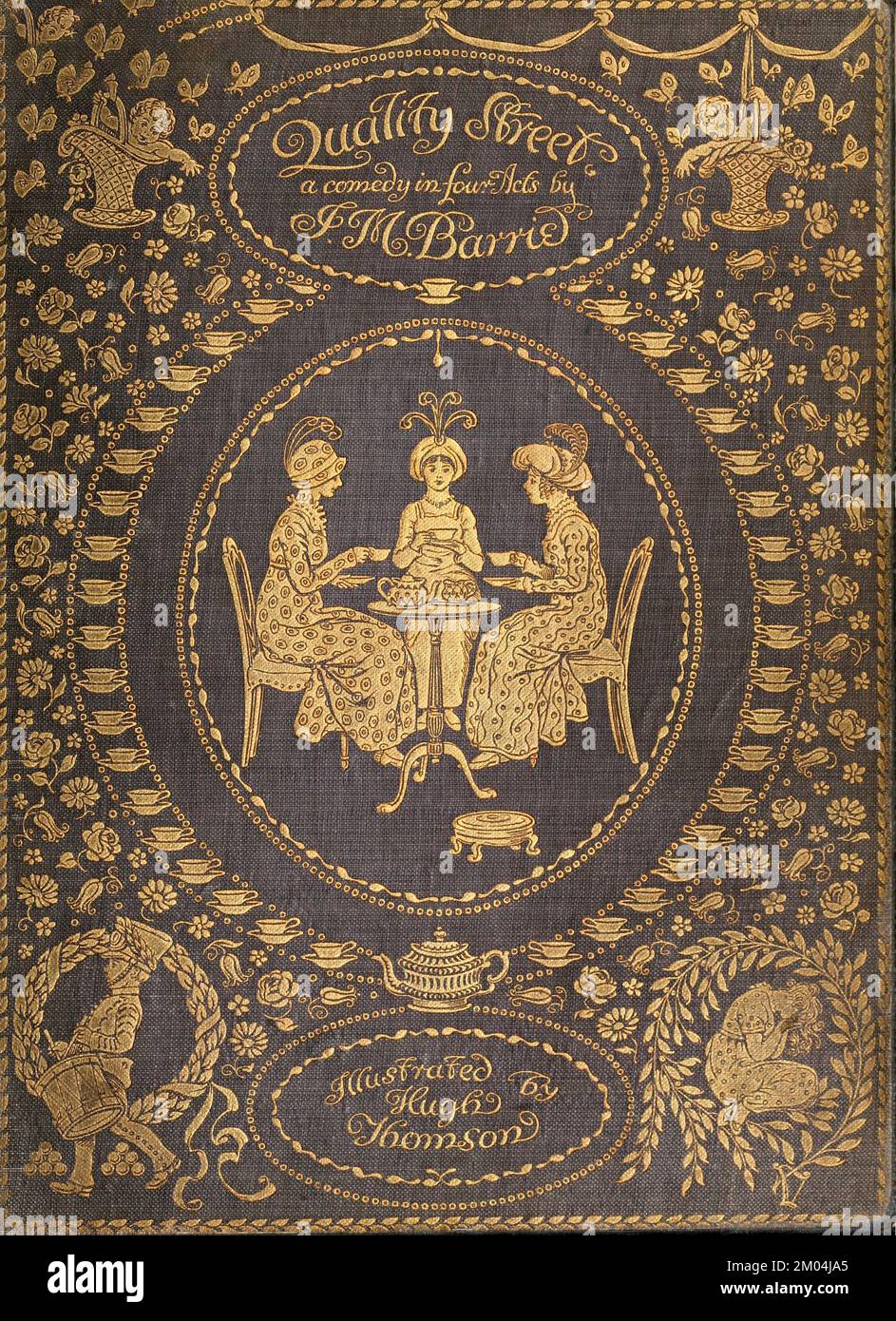 De « Quality Street, a comique in four actions » par James Matthew Barrie, illustré par Hugh Thomson, Date de publication 1913 Éditeur London Hodder & Stoughton Quality Street est une comédie en quatre actes de J. M. Barrie, écrite avant son ouvrage plus célèbre Peter Pan. L'histoire est sur deux sœurs qui commencent une école 'pour les enfants de gentEEL'. Banque D'Images