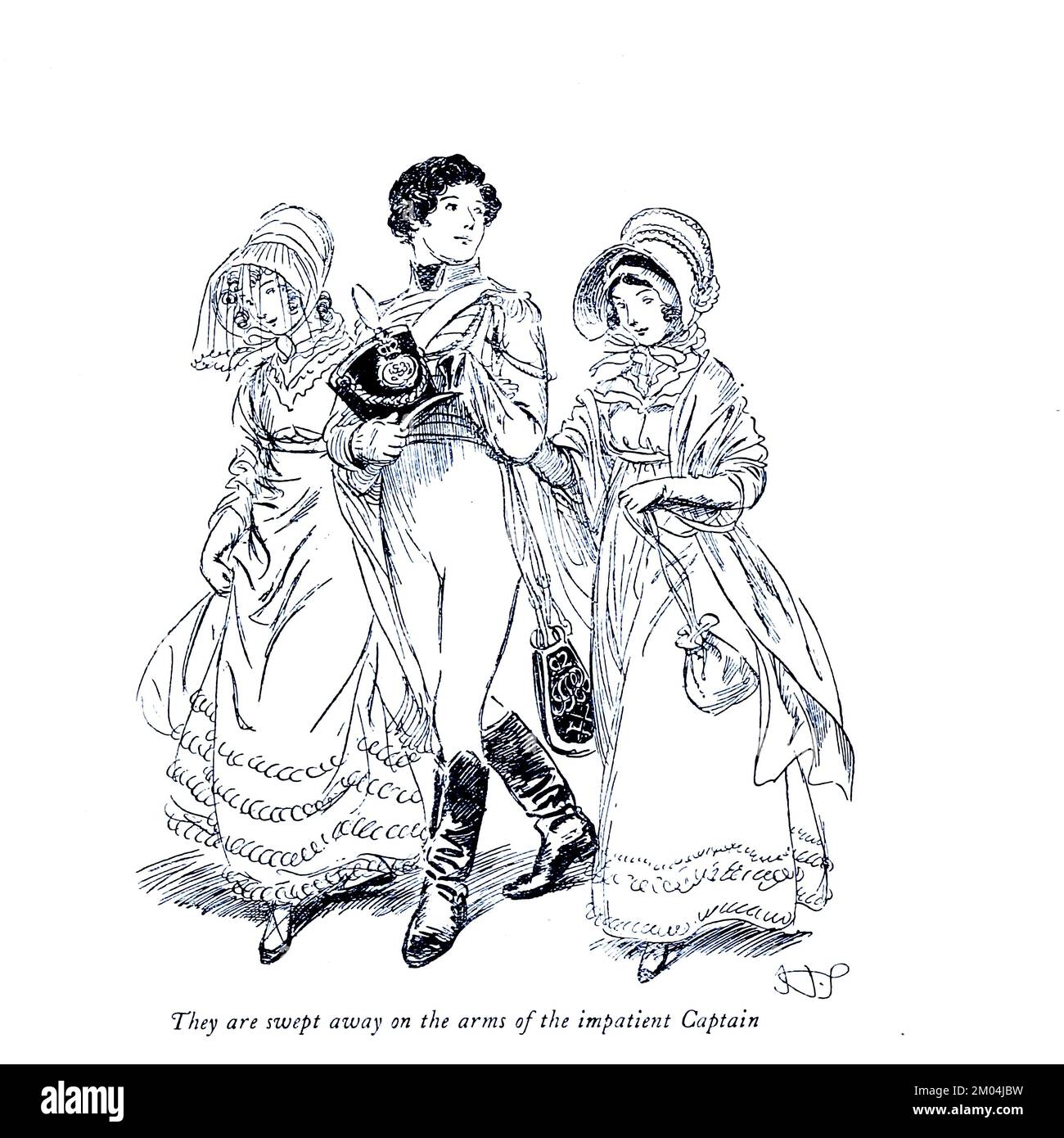 Ils sont emportés sur les bras du capitaine impatient de ' Quality Street, une comédie en quatre actes ' par James Matthew Barrie, illustré par Hugh Thomson, date de publication 1913 Éditeur London Hodder & Stoughton Quality Street est une comédie en quatre actes de J. M. Barrie, Écrit avant son travail plus célèbre Peter Pan. L'histoire est sur deux sœurs qui commencent une école 'pour les enfants de gentEEL'. Banque D'Images