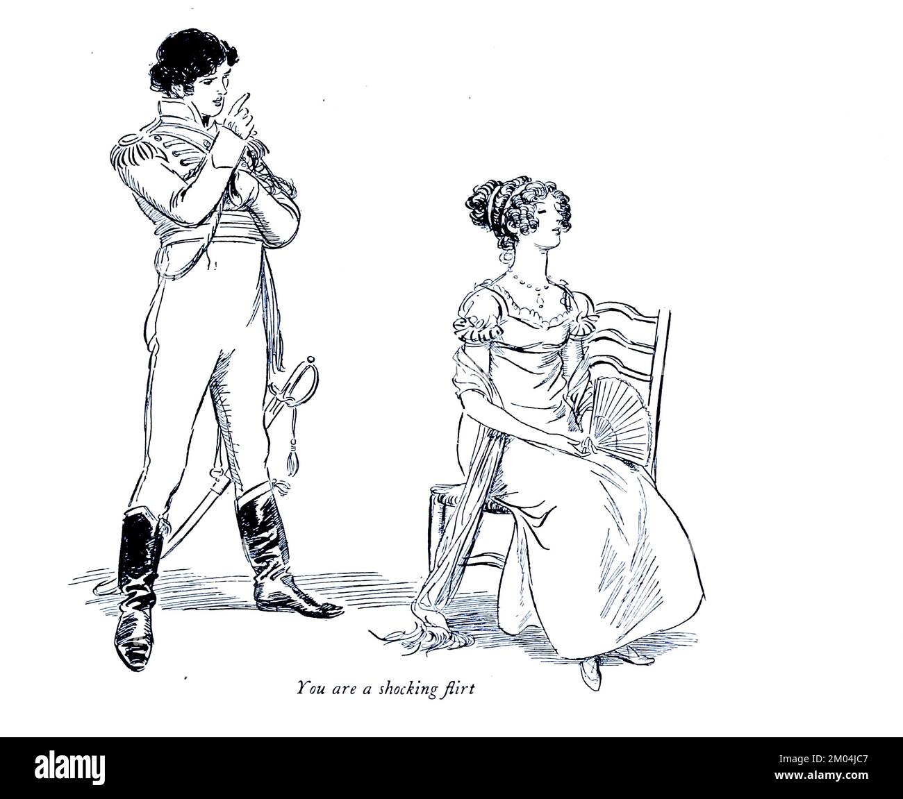 Vous êtes un flirt choquant de « Quality Street, a comedy in four actions » par James Matthew Barrie, illustré par Hugh Thomson, Date de publication 1913 Éditeur London Hodder & Stoughton Quality Street est une comédie en quatre actes de J. M. Barrie, Écrit avant son travail plus célèbre Peter Pan. L'histoire est sur deux sœurs qui commencent une école 'pour les enfants de gentEEL'. Banque D'Images