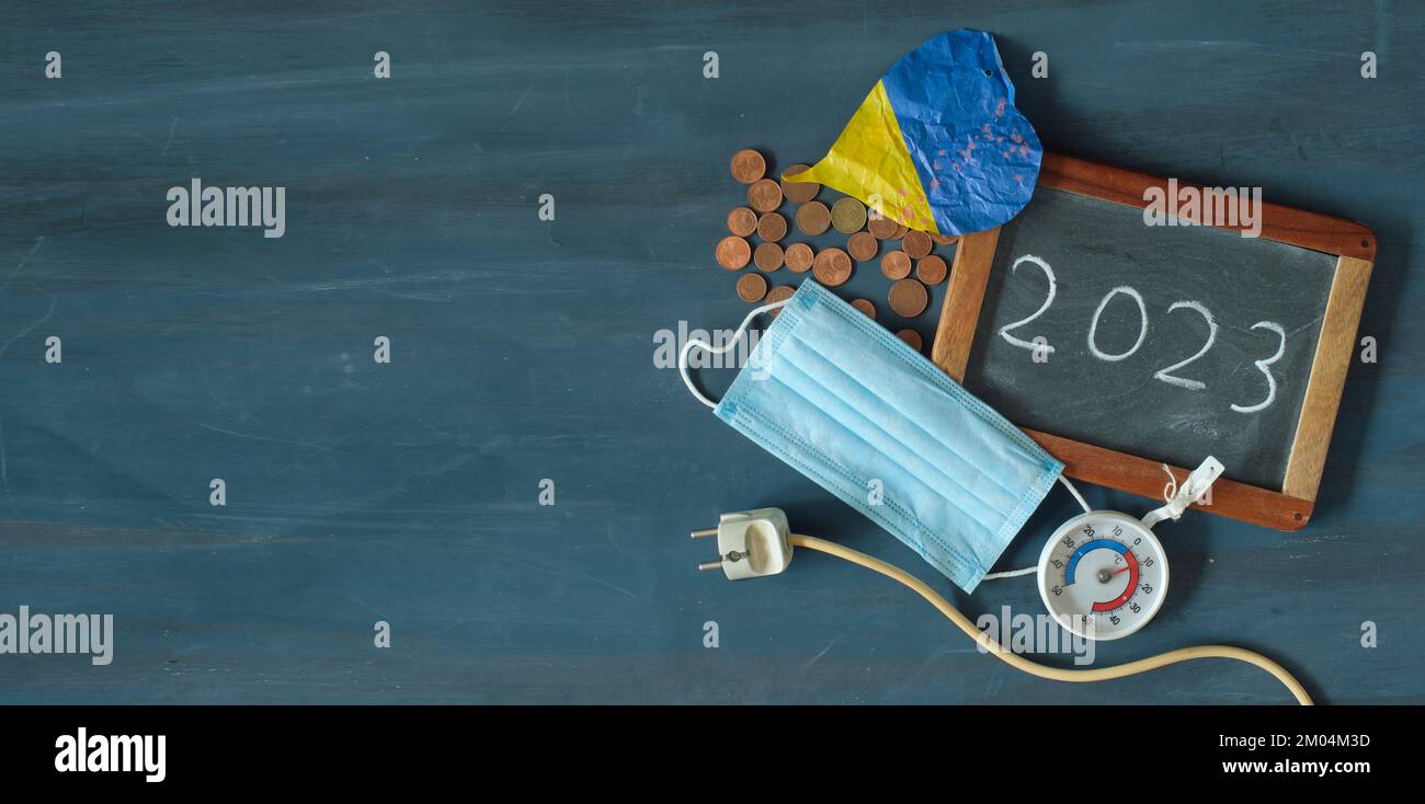 Problèmes au nouvel an 2023, augmentation des coûts de chauffage, corona pandémie.crise énergétique et guerre en ukraine Banque D'Images