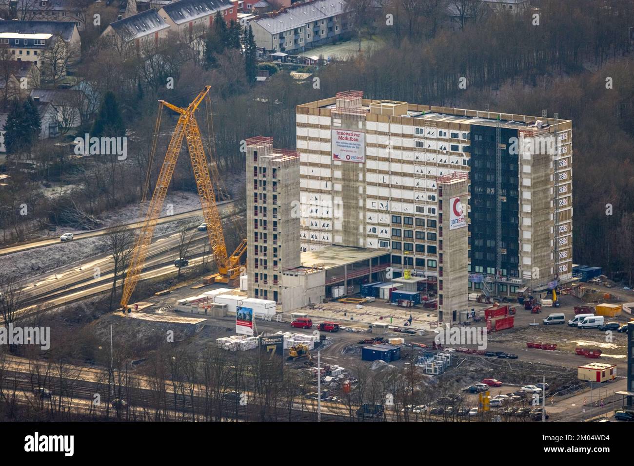 Vue aérienne, chantier de construction et nouvelle construction d'un complexe de construction modulaire au Campus communautaire de l'Universitätsstraße in Banque D'Images