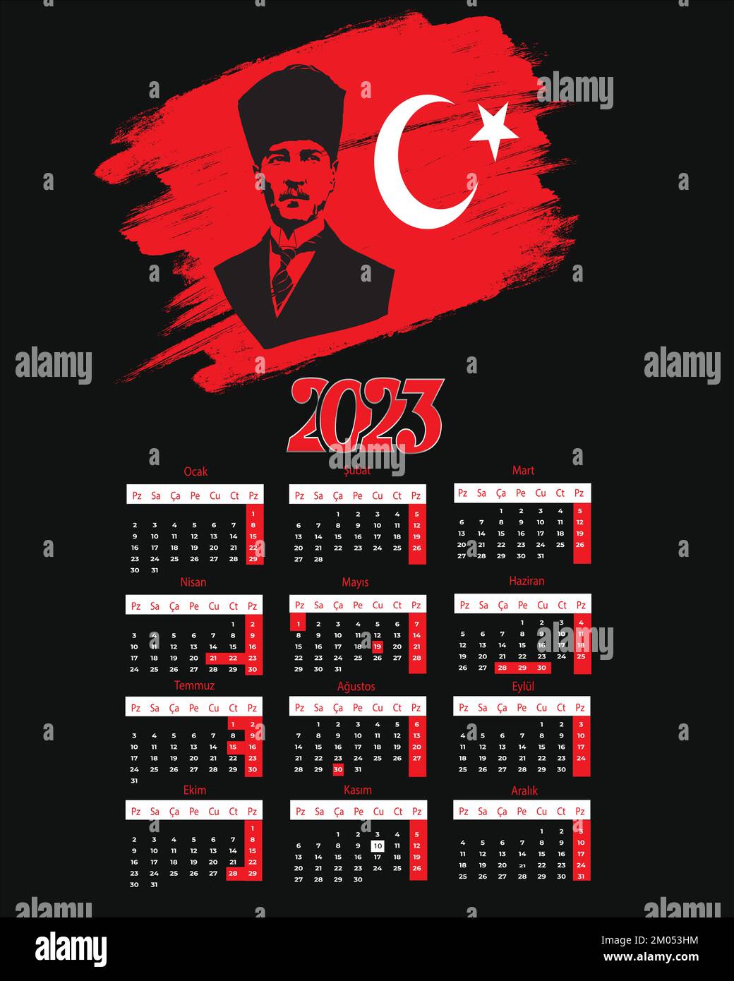 Calendrier vectoriel turc 2023. Calendrier de la Turquie 2023 sur le