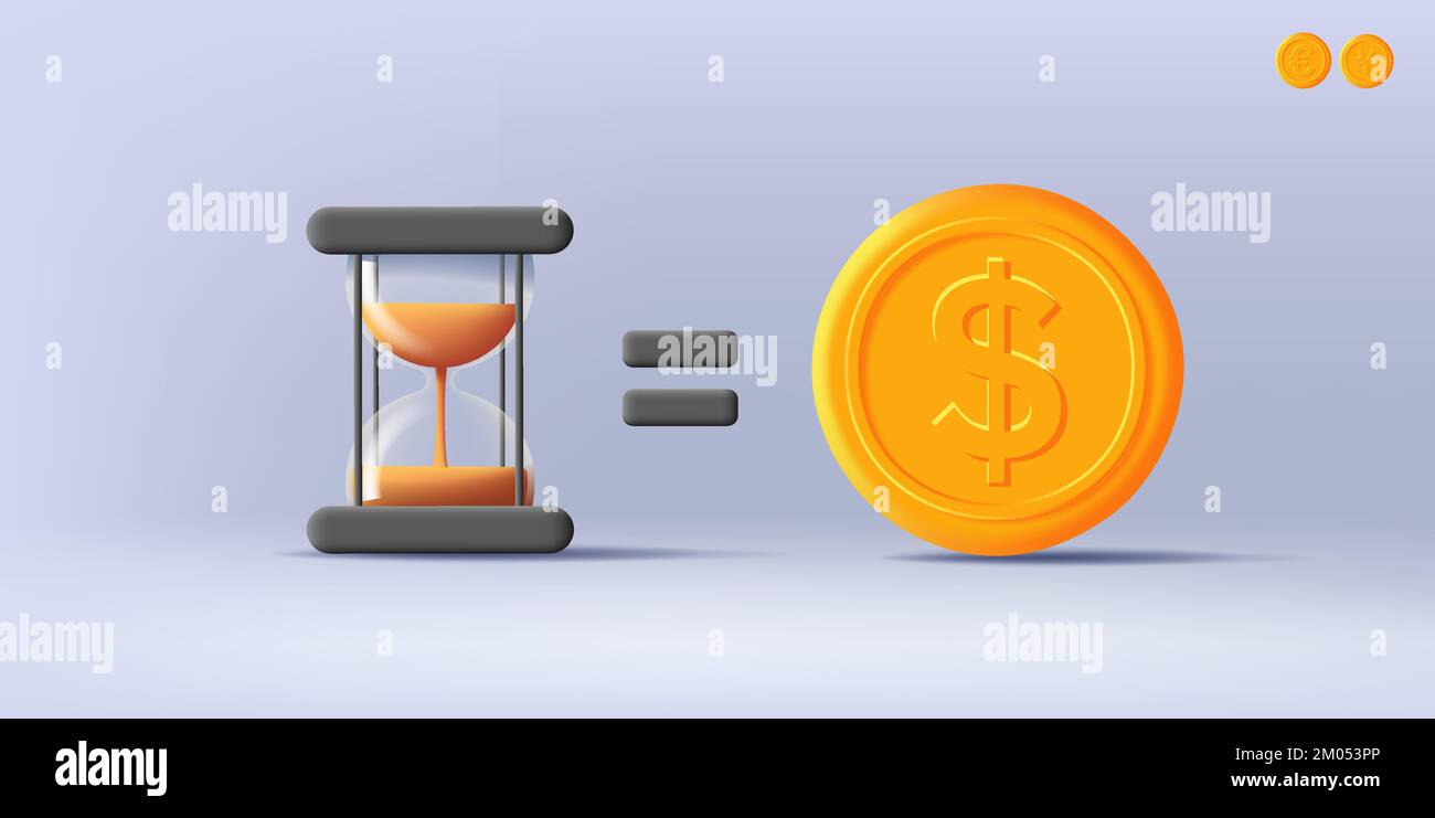 Time Equals Money concept 3D illustration avec icône représentant une horloge en sable et pièce de monnaie dorée, style de rendu moderne Illustration de Vecteur