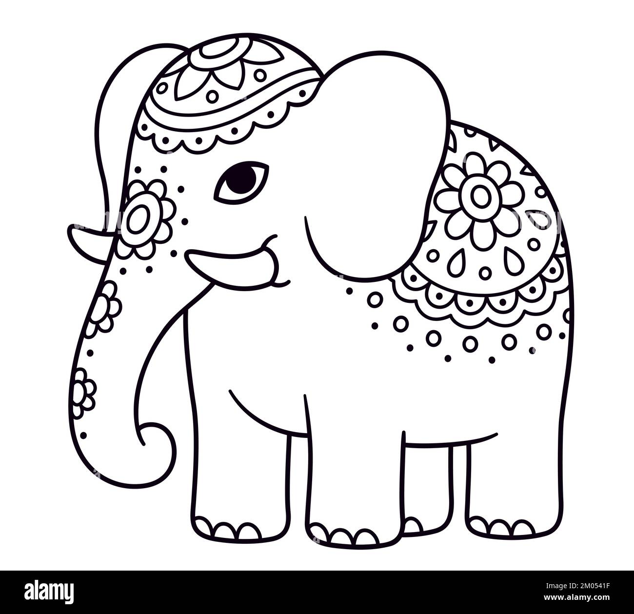 Adorable motif dessin animé et motif éléphant. Éléphant indien avec fleurs peintes. Dessin au trait noir et blanc pour colorier. Illustration de clip art vectoriel. Illustration de Vecteur