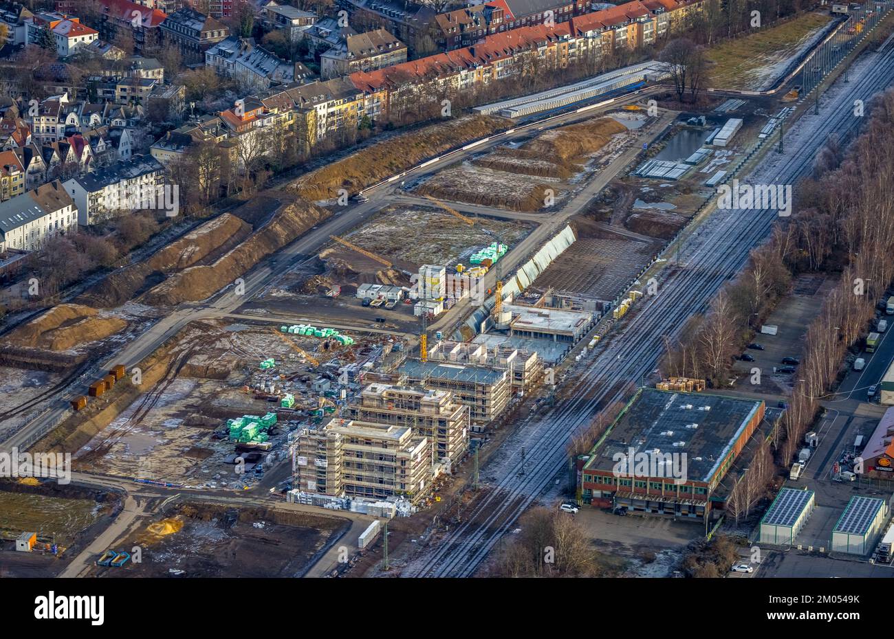 Luftbild, Baustelle Kronprinzenviertel für Neubau von Wohnungen am Wasserturm Südbahnhof im Stadtteil Westfendamm in Dortmund, Ruhrgebiet, Nordrhein Banque D'Images