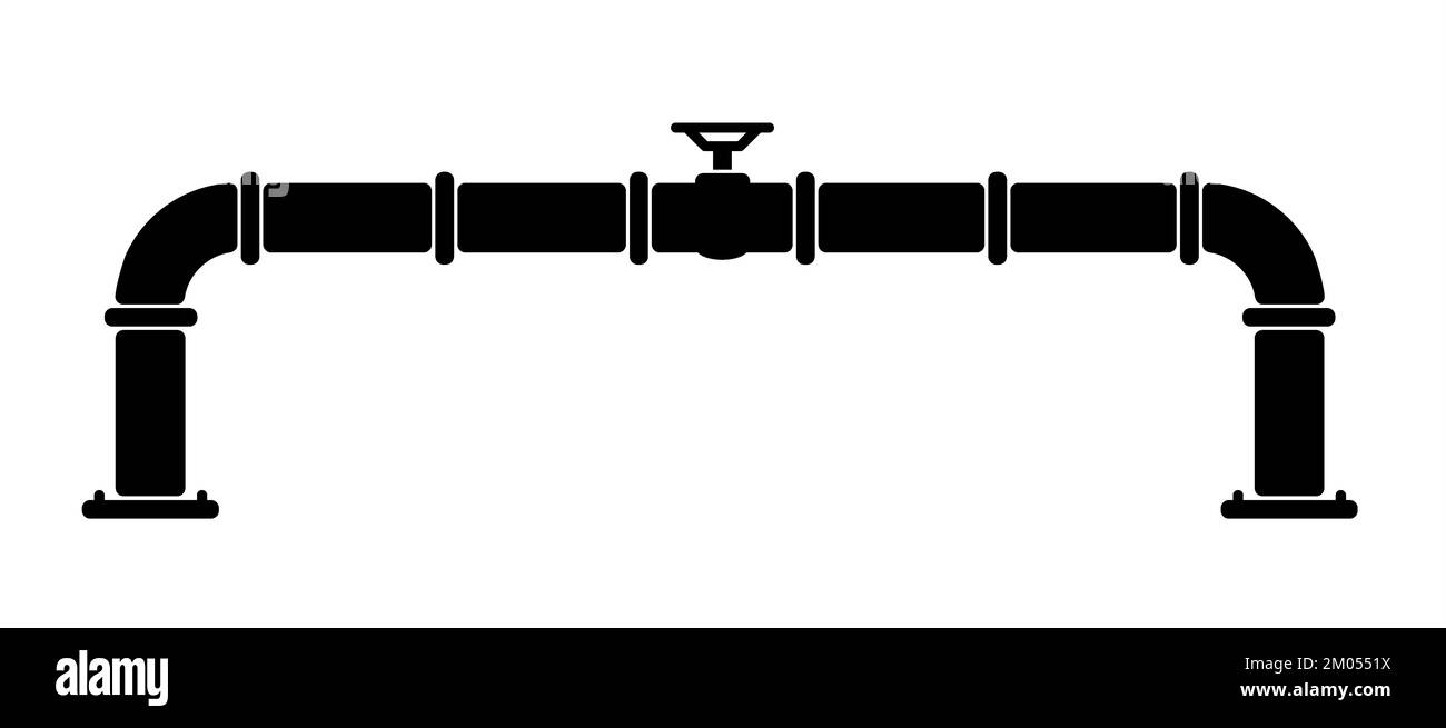 Conduite d'eau, de pétrole ou de gaz avec raccords et vannes. Pipeline et robinet noir, ouvert, fermé. Icône ou pictogramme de vanne sphérique. Symbole d'accessoire de tuyauterie vectoriel. W Banque D'Images