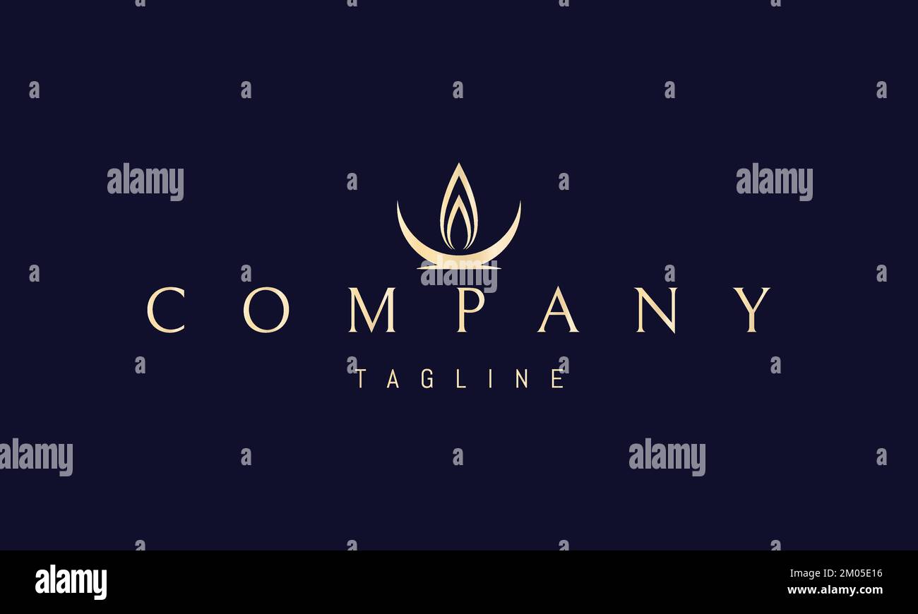 Logo doré vectoriel sur lequel figure une image abstraite d'une lune inversée avec une flamme de bougie sous forme de feuille. Illustration de Vecteur