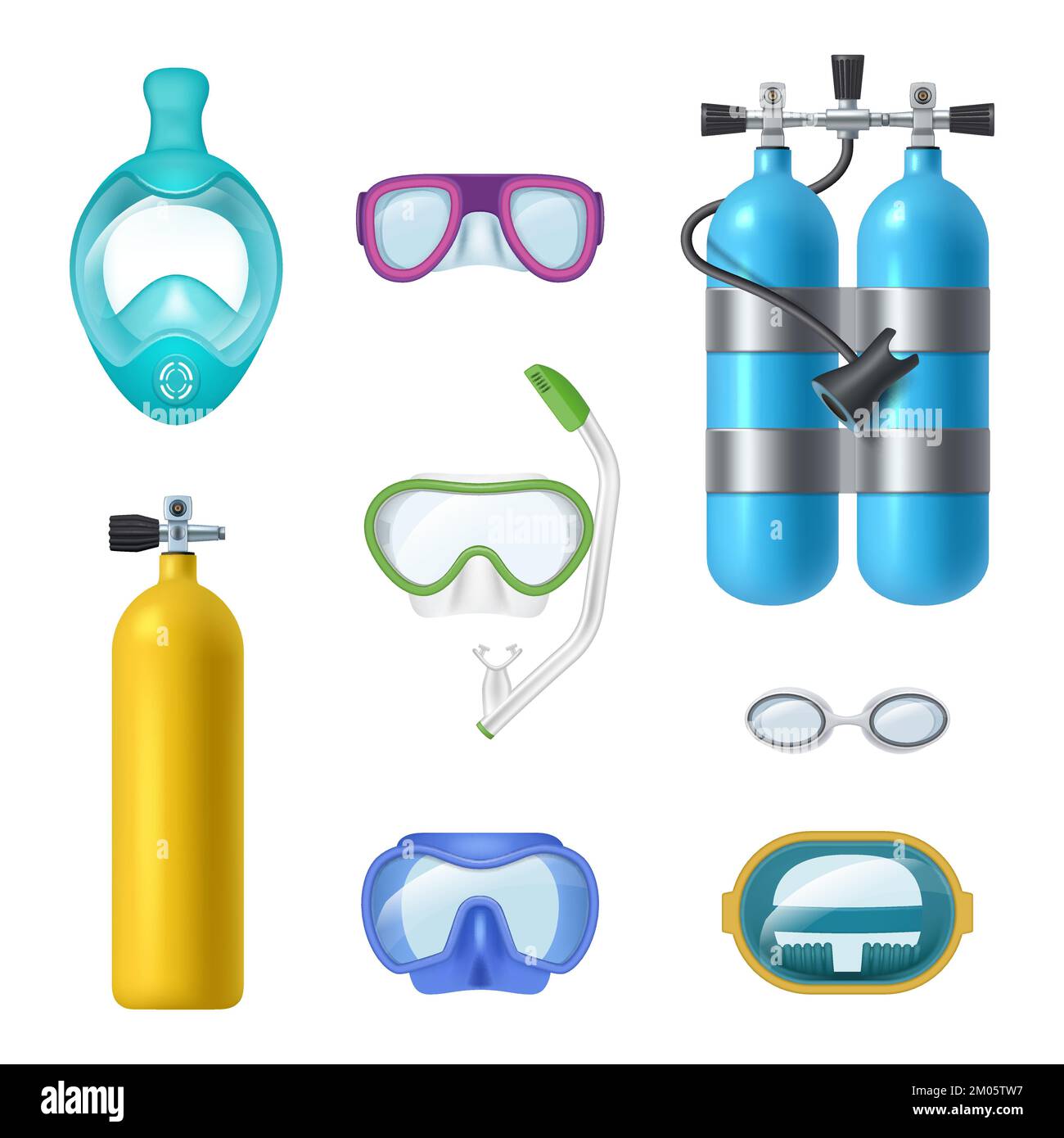 Bouteille de gaz. Outils de natation pour la plongée masque de plongée et  l'oxygène air comprimé réservoirs décents vecteur modèles réalistes Image  Vectorielle Stock - Alamy