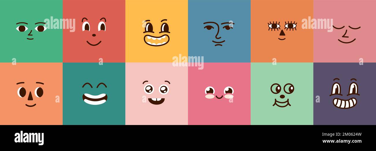 Adorable mascotte de visages de dessin animé. Visage émotionnel rétro, divers motifs carrés. Personnages tendance positifs, éléments amusants abstraits Illustration de Vecteur