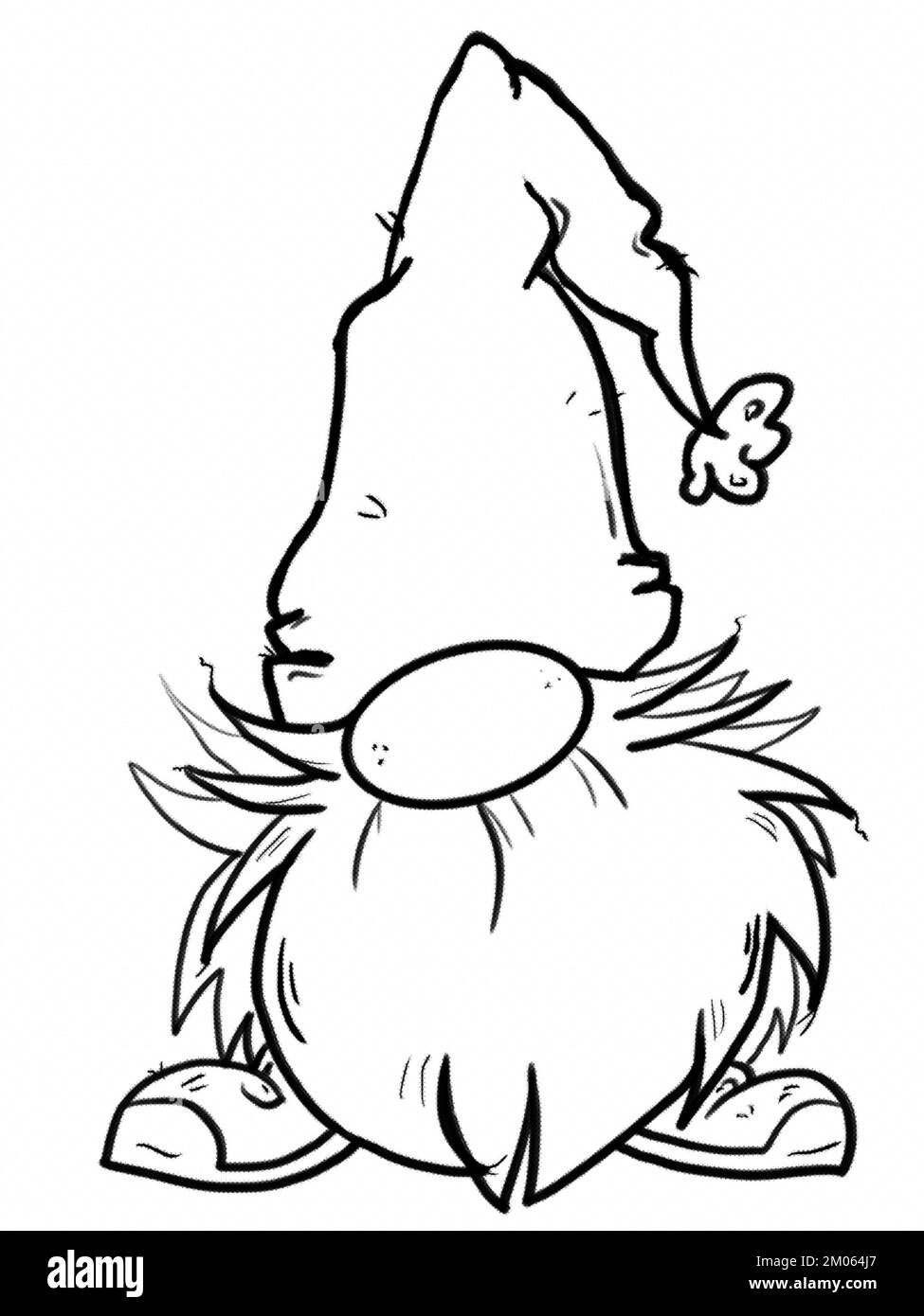 Gnome de Noël qui colle le nez sous un chapeau de père Noël rouge. Une vieille naine à l'aspect flou avec une grande barbe grise. Illustration de dessin animé à la main. Banque D'Images