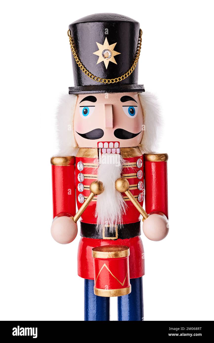 Casse-noisette soldat de Noël sur fond blanc. Décoration de Noël en bois Banque D'Images