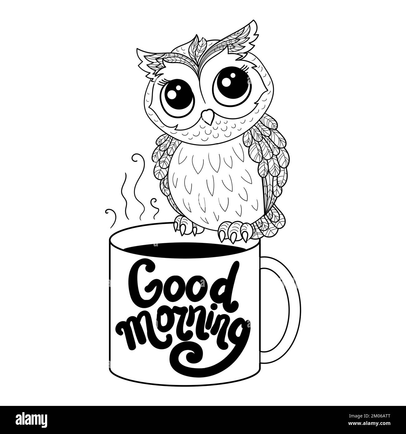 Un chouette chouette chouette repose sur une tasse de café. Image linéaire noir et blanc. Vecteur Illustration de Vecteur