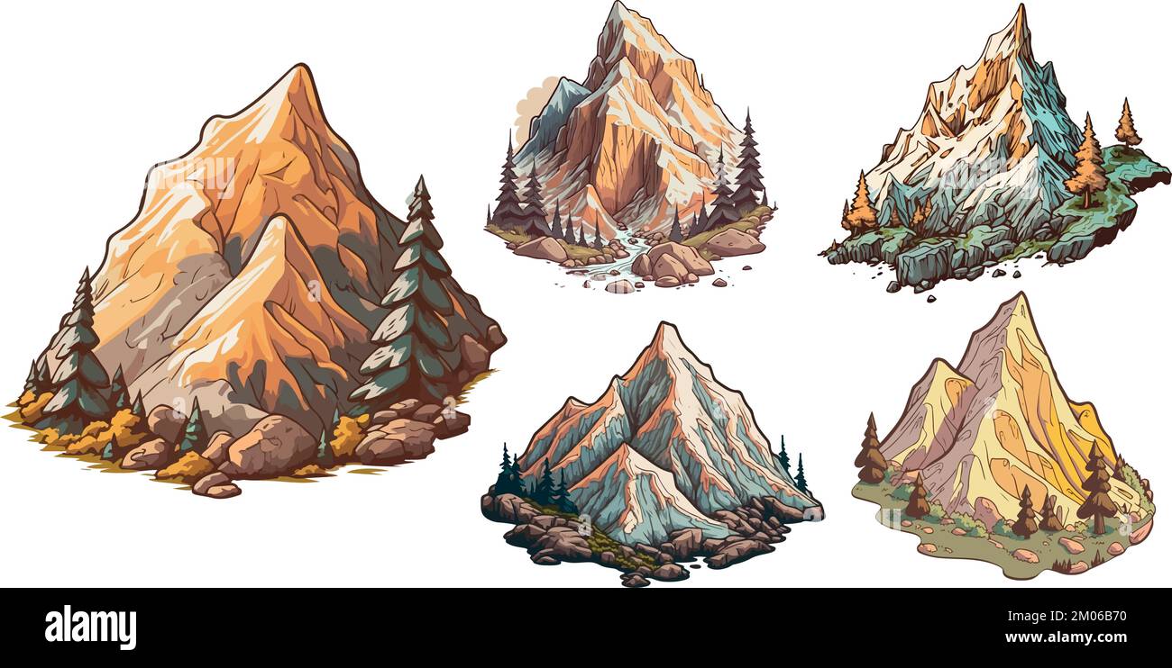Vector caricature montagnes set, 2D ressources de jeu nature collines Illustration de Vecteur
