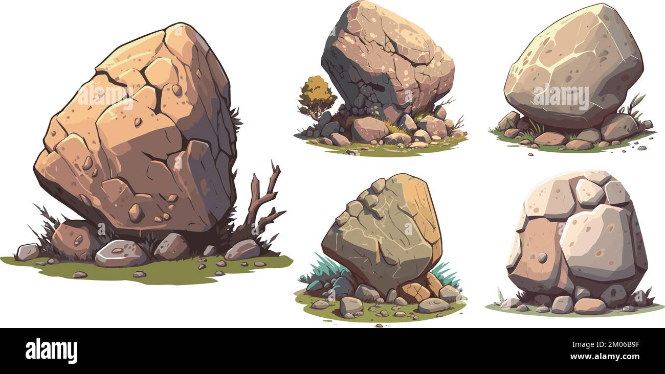 Scénario de dessins animés grands rochers et pierres ensemble, 2D actif de jeu Illustration de Vecteur