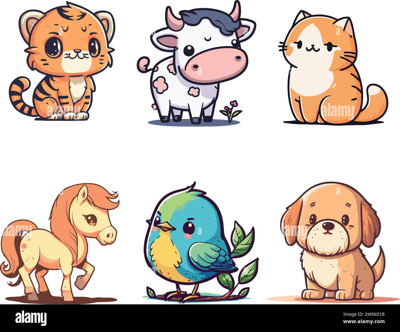 Ensemble mignon animaux de dessin animé vecteur, chien, vache, chat, cheval, oiseau et chien Illustration de Vecteur