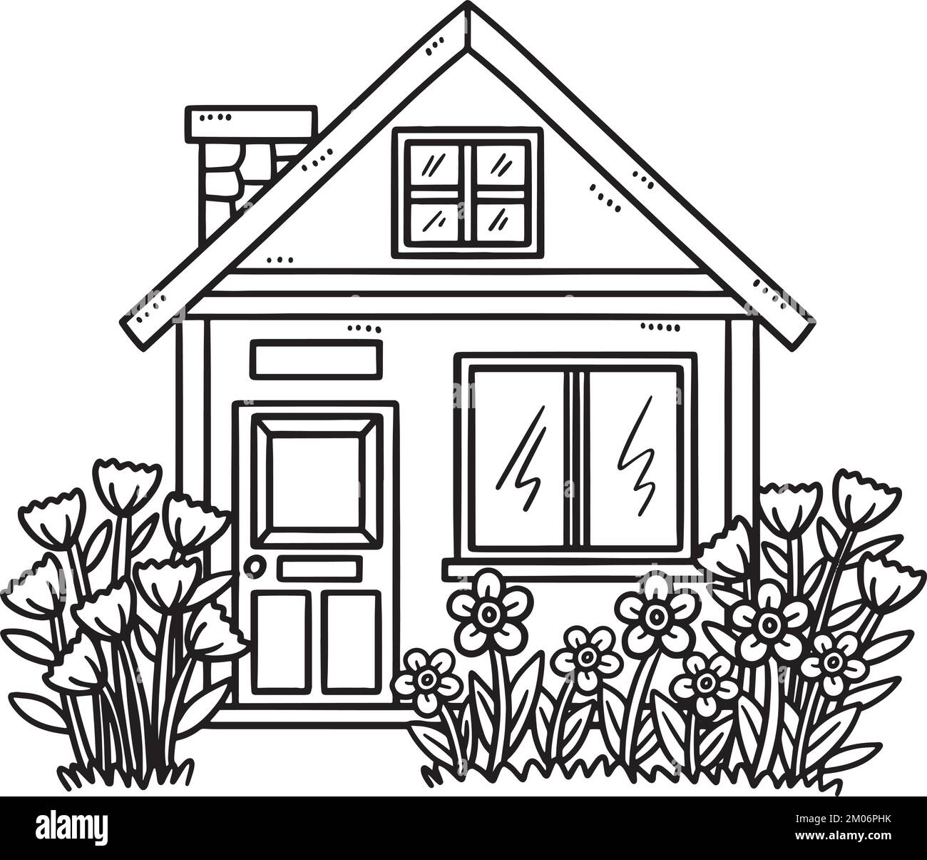 Spring House avec jardin isolé coloriage page Illustration de Vecteur