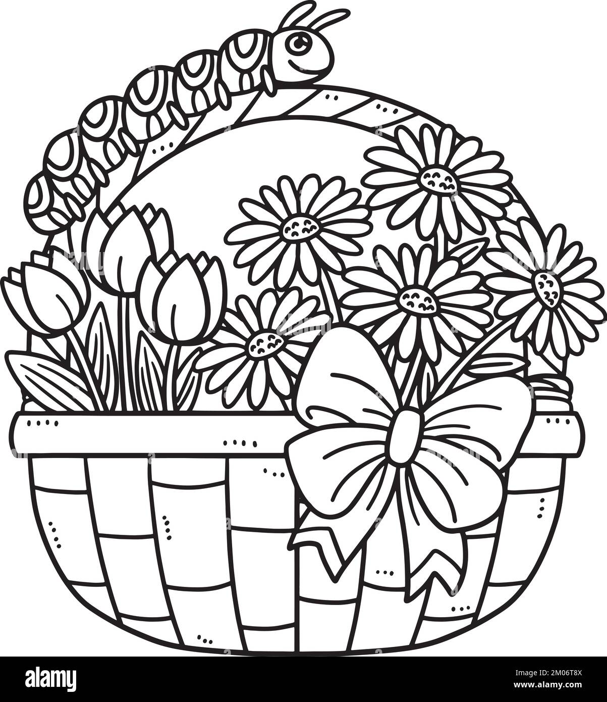 Chenille de printemps et panier de fleurs isolé Illustration de Vecteur