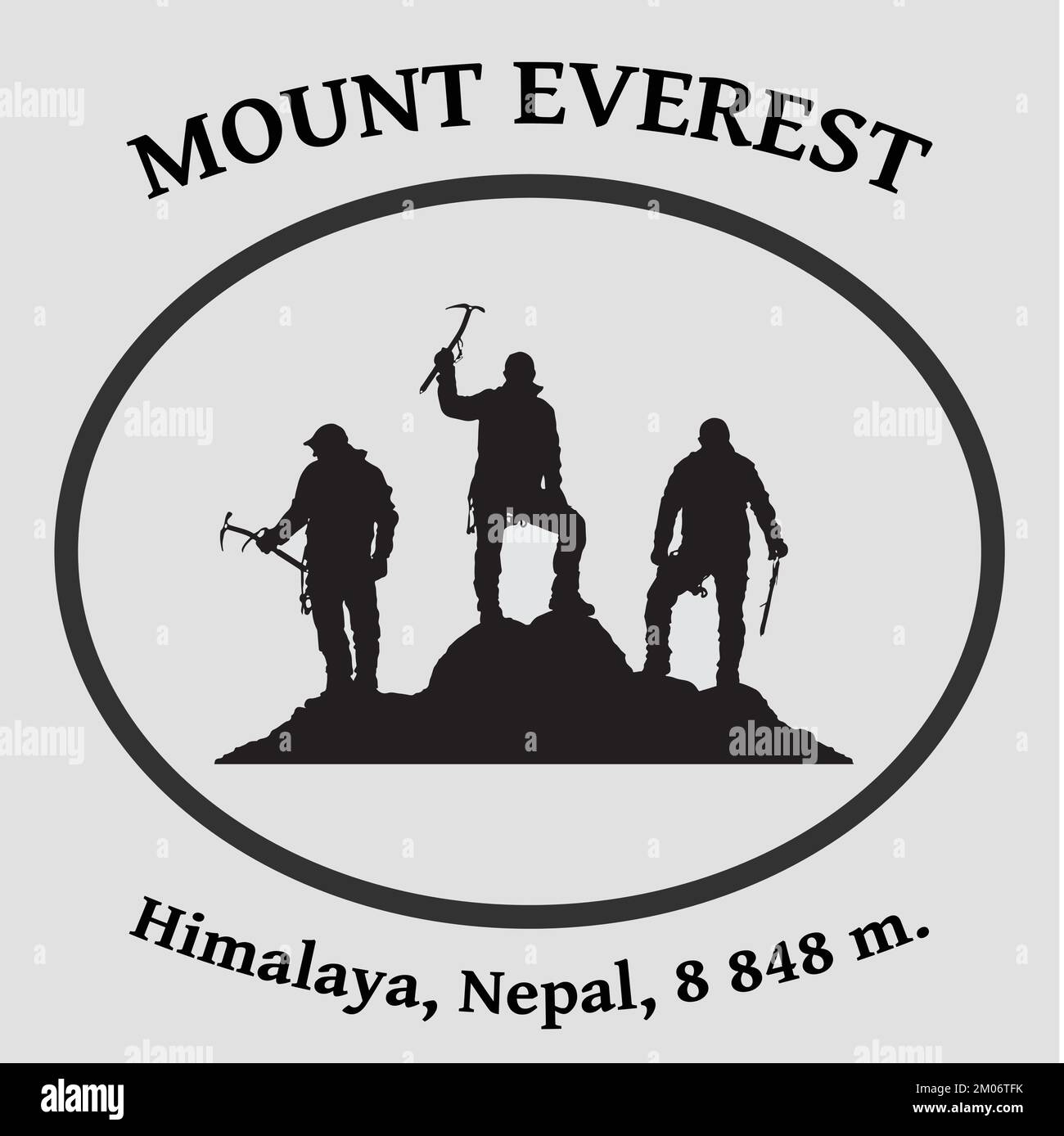 Trois grimpeurs noirs avec hache à glace à la main ont le sommet du mont Everest sur fond blanc, escalade de montagne, logo d'illustration de vecteur Illustration de Vecteur