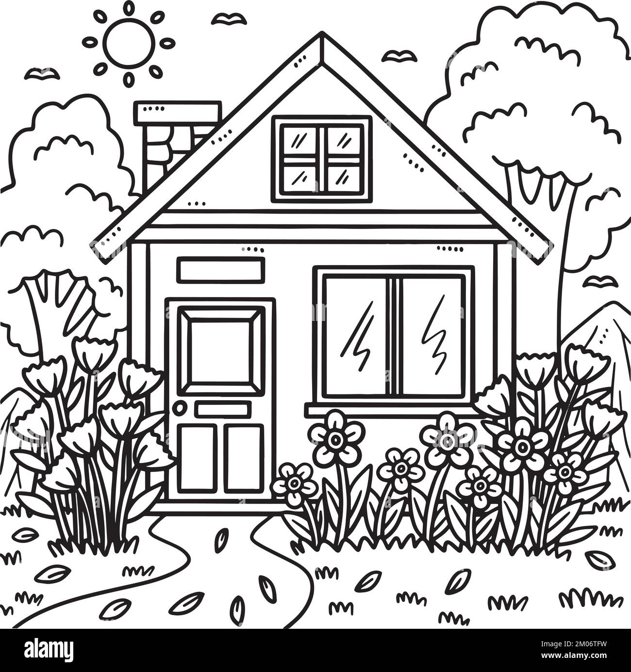 Spring House avec Garden coloriage page pour enfants Illustration de Vecteur