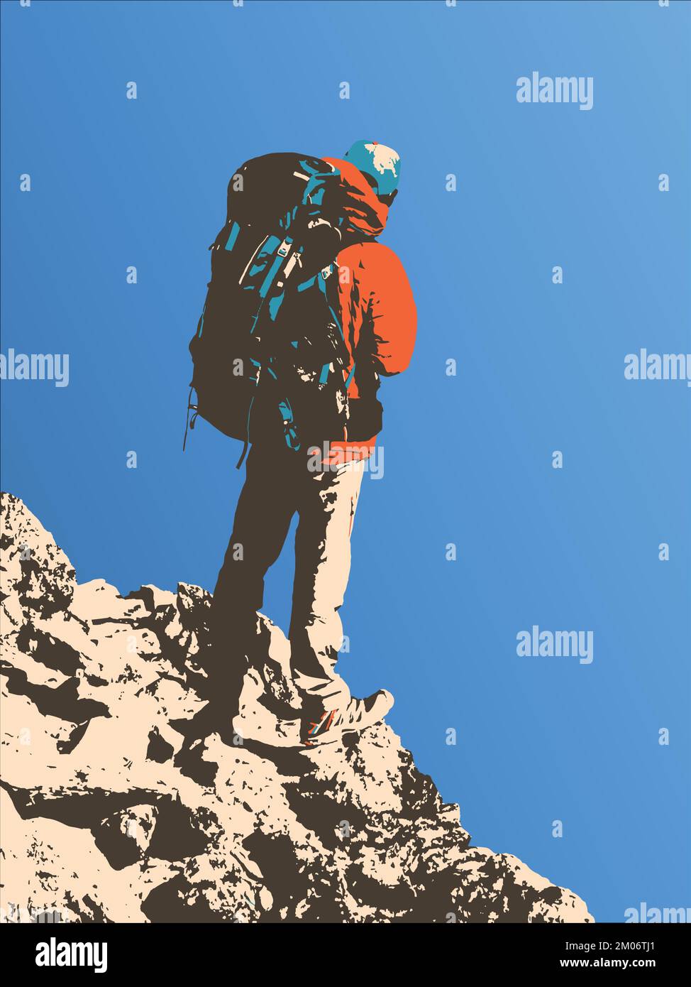 Randonneur en montagne avec sac à dos sur une illustration vectorielle à flanc de colline Illustration de Vecteur
