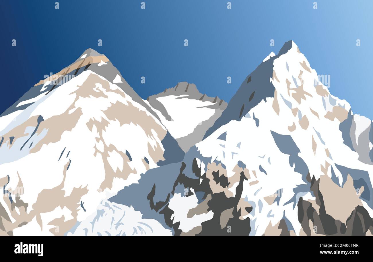 Mont Everest, Lhotse et Nuptse du côté népalais vu du camp de base de Pumori, illustration vectorielle, Mont Everest 8 848 m, vallée de Khumbu, Sagarmatha nat Illustration de Vecteur