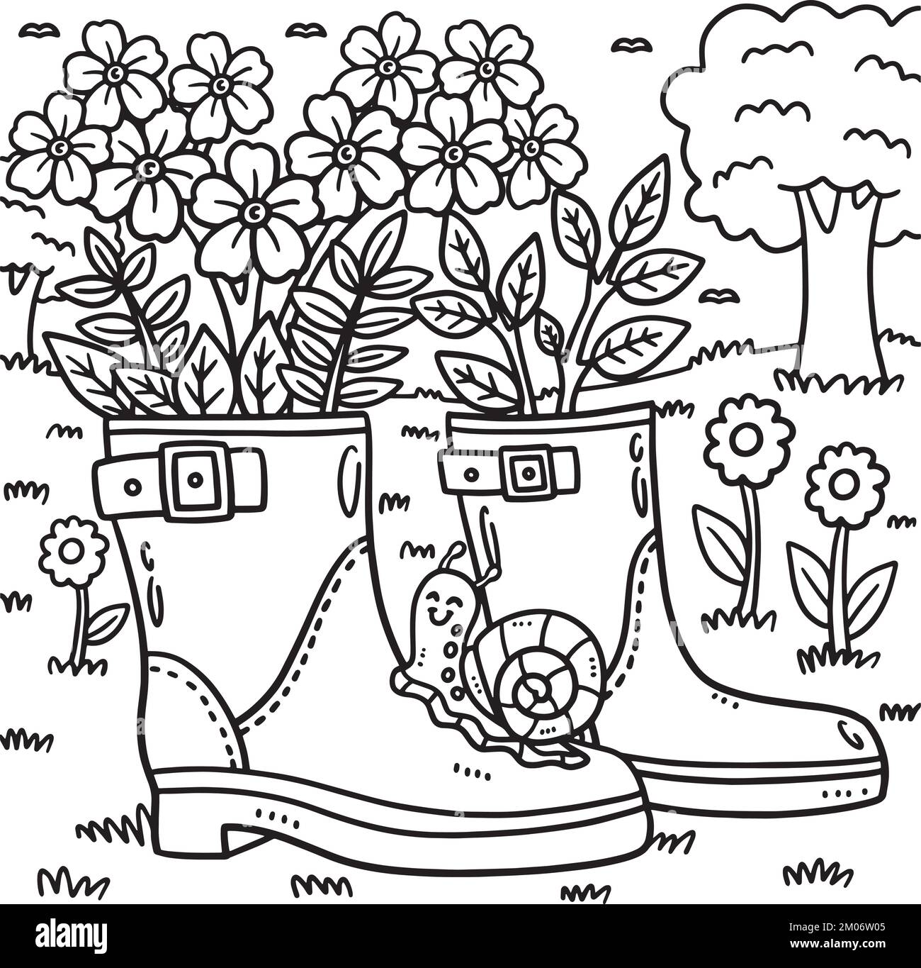 Page de coloriage du semoir à bottes de printemps pour enfants Illustration de Vecteur