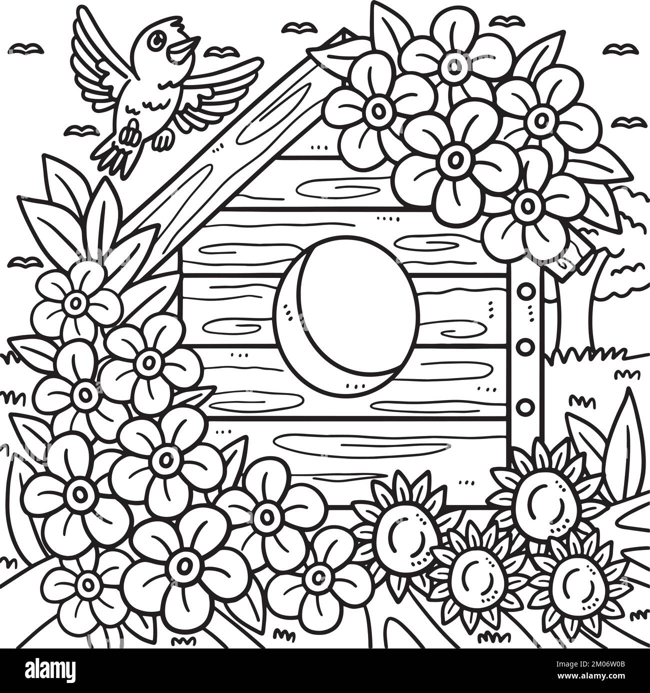 Spring Bird House avec fleurs coloriage page Illustration de Vecteur