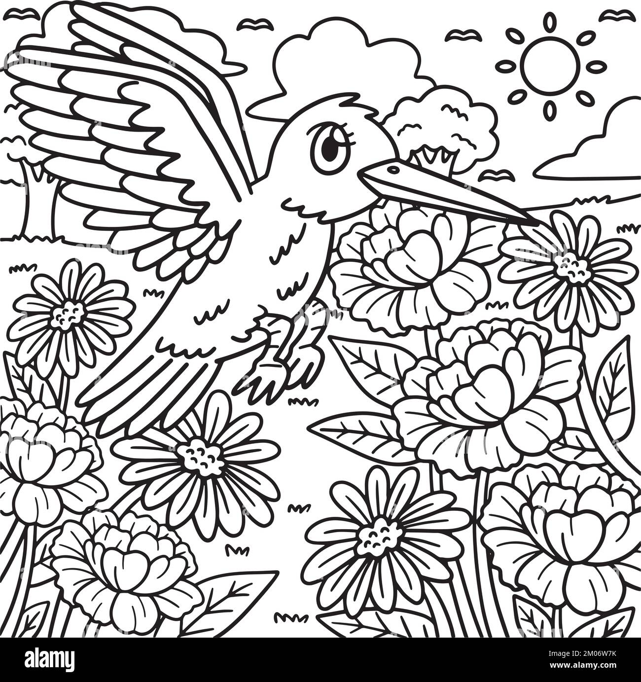 Spring Bird sur fleurs coloriage page pour enfants Illustration de Vecteur