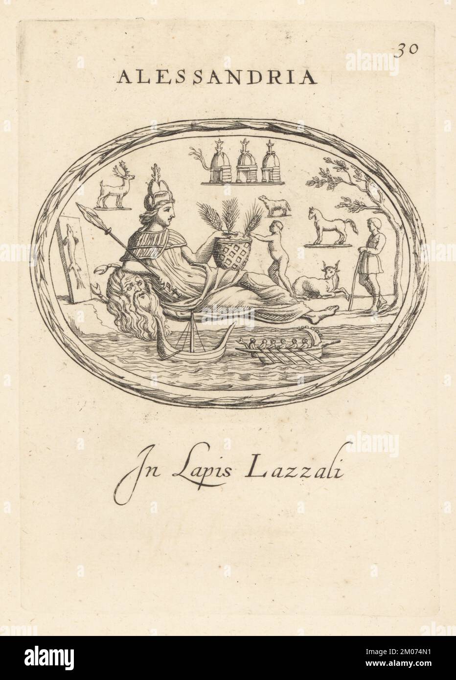Figure allégorique du génie d'Alexandrie en Égypte. Une femme assise près d'une rivière, son bras droit sur la tête du Nil et sa gauche sur un panier de trois oreilles de blé. Barques et bouddhow sur la rivière, temples à Osiris et Harpocrates, animaux sur la rive. Dans le lapis-lazuli. Alessandria dans lapis lazzali. Gravure de coperplate par Giovanni Battista Galestuzzi d'après Leonardo Agostini de gemmae et Sculpturae Antiquae Depitti ab Leonardo Augustino Senesi, Abraham Blooteling, Amsterdam, 1685. Banque D'Images
